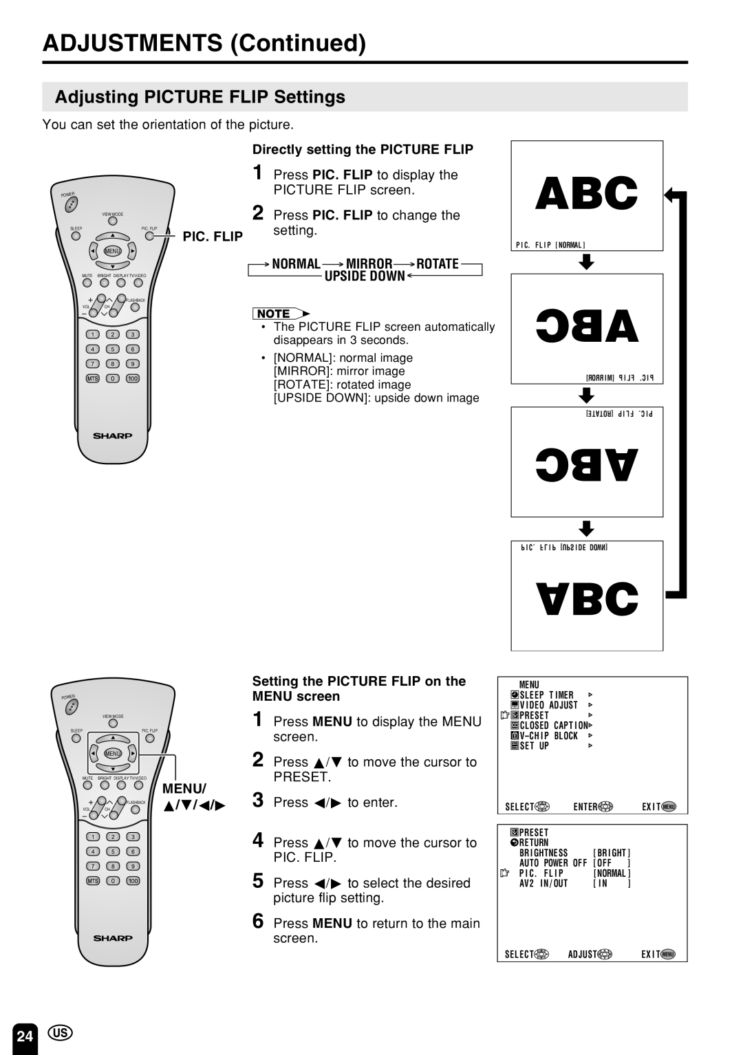 Sharp LC 22SV2U operation manual Adjusting Picture Flip Settings, Directly setting the Picture Flip, PIC. Flip 