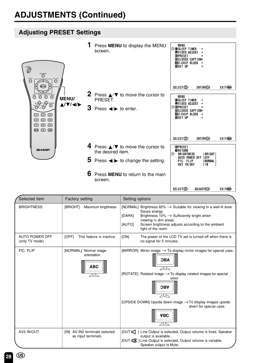 Sharp LC 22SV2U operation manual Adjusting Preset Settings, Selected item Factory setting Setting options 