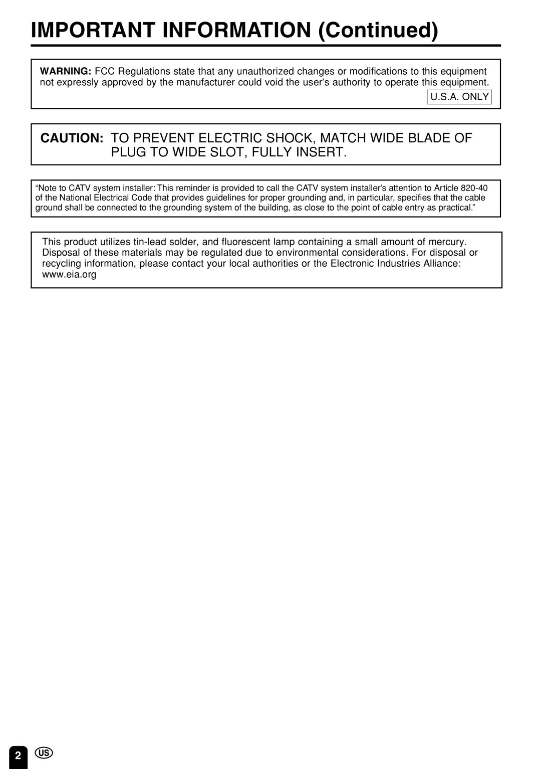 Sharp LC 22SV2U operation manual Important Information 