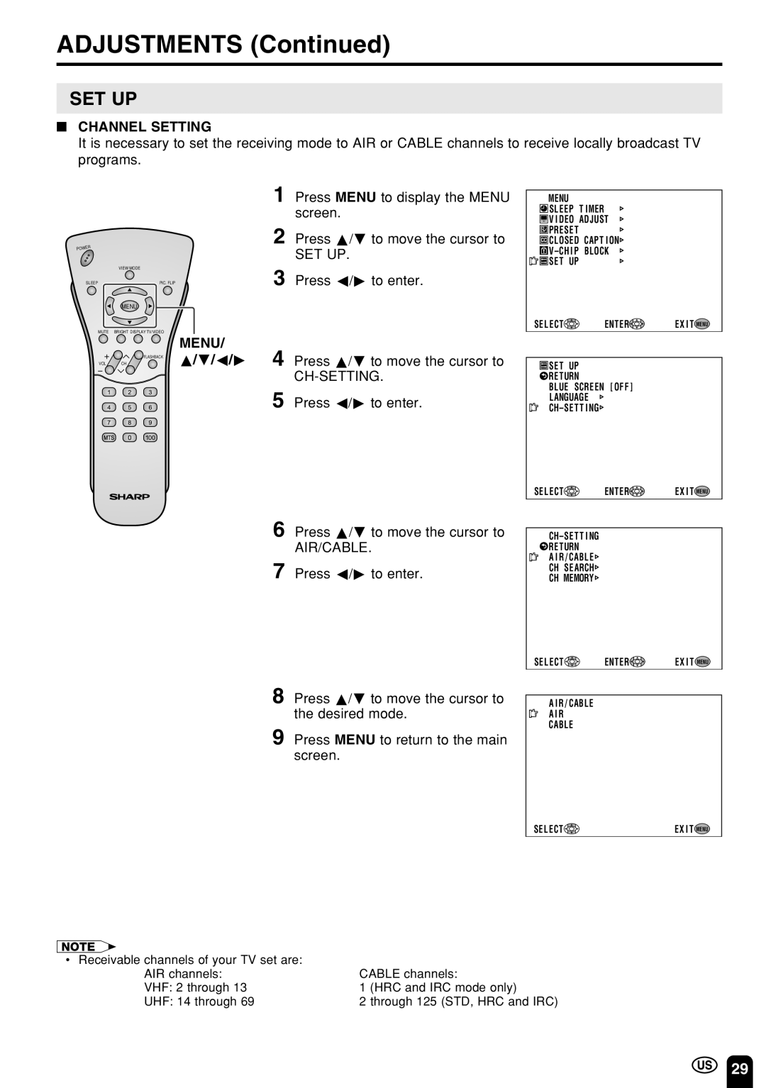 Sharp LC 22SV2U operation manual Channel Setting, CH Flashback a/b/c/d 4 Press a/bto move the cursor to, Ch-Setting 