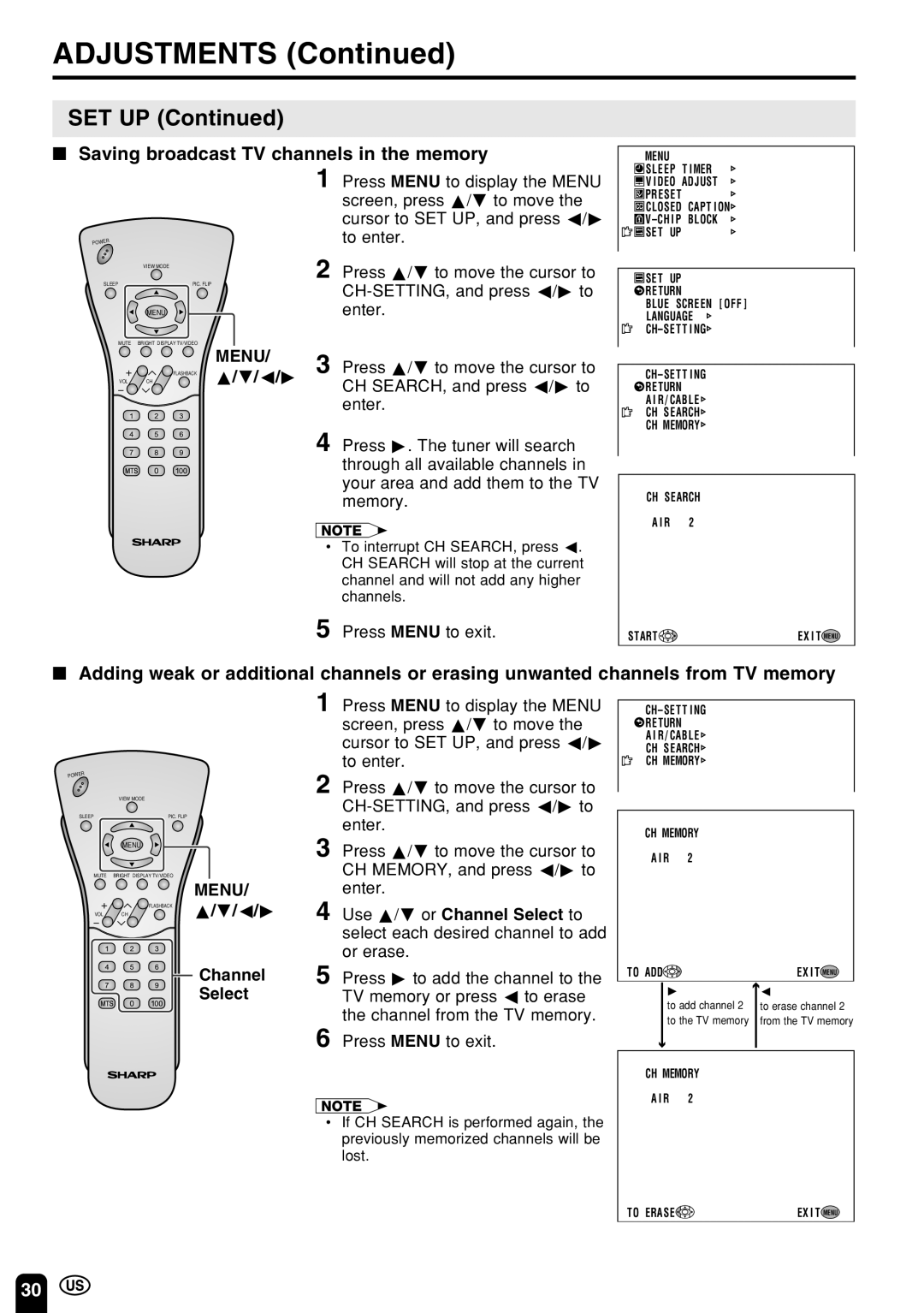 Sharp LC 22SV2U operation manual Set Up, Saving broadcast TV channels in the memory, Channel Select 