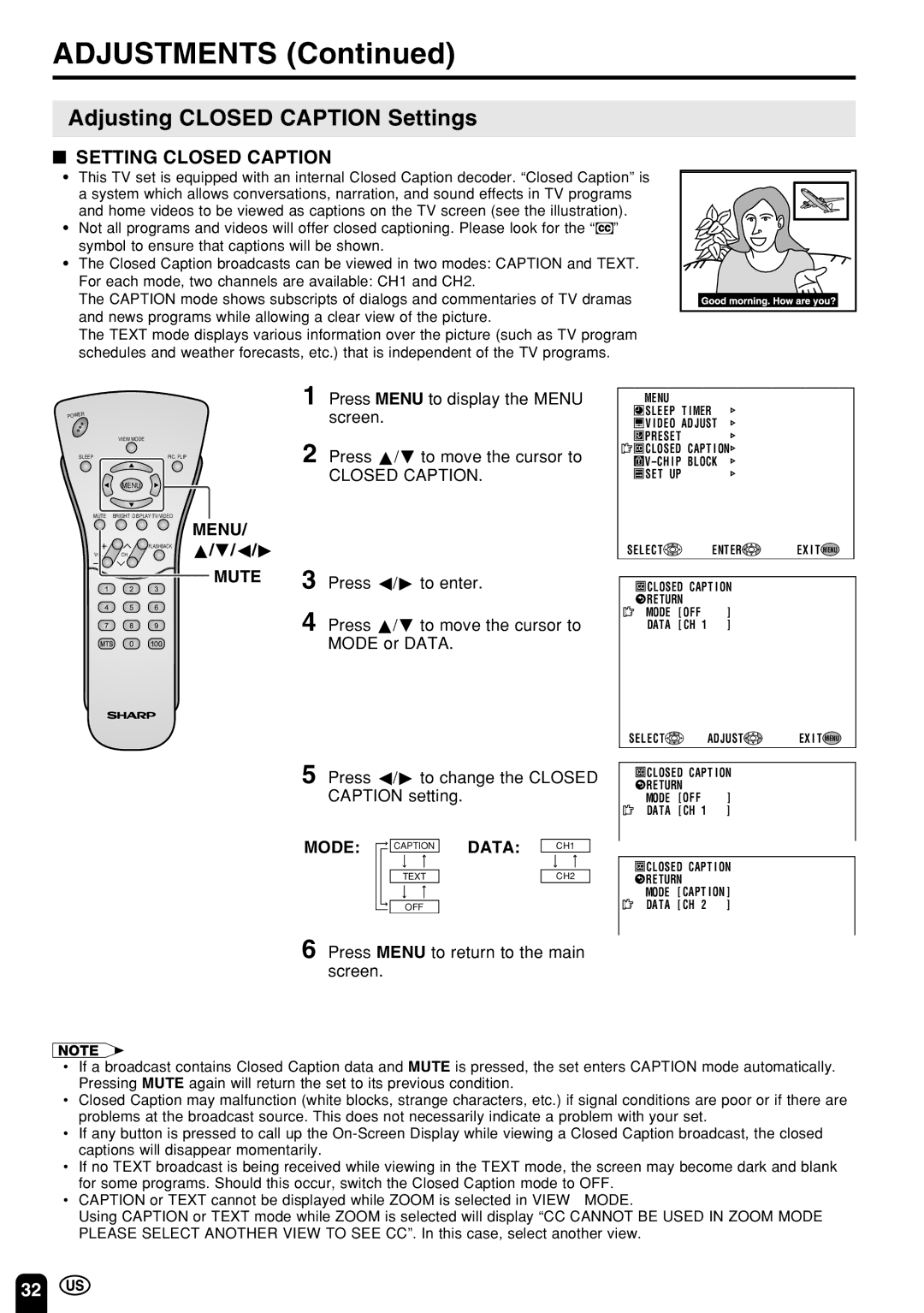 Sharp LC 22SV2U operation manual Adjusting Closed Caption Settings, Setting Closed Caption, Mute, Mode Data 