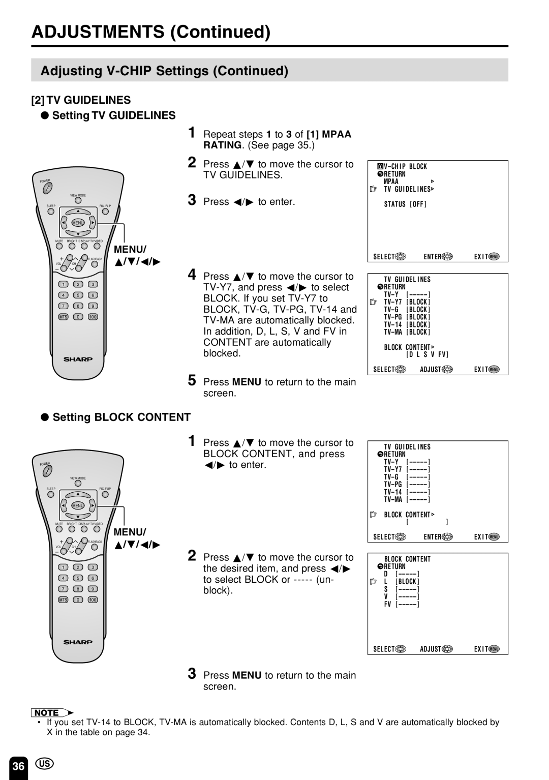 Sharp LC 22SV2U operation manual Setting TV Guidelines, Setting Block Content 