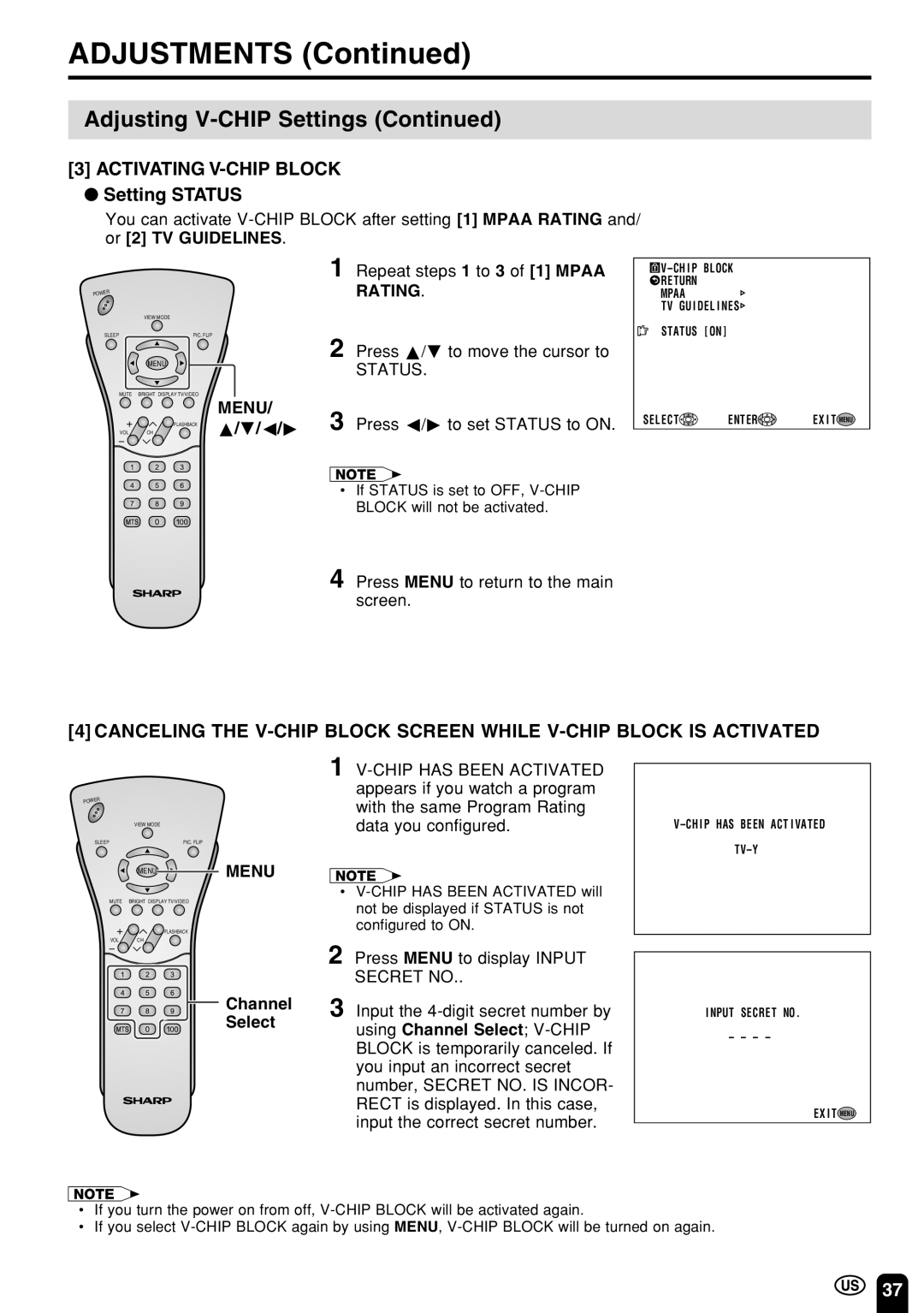 Sharp LC 22SV2U operation manual Activating V-CHIP Block, Setting Status, Secret no, Channel 