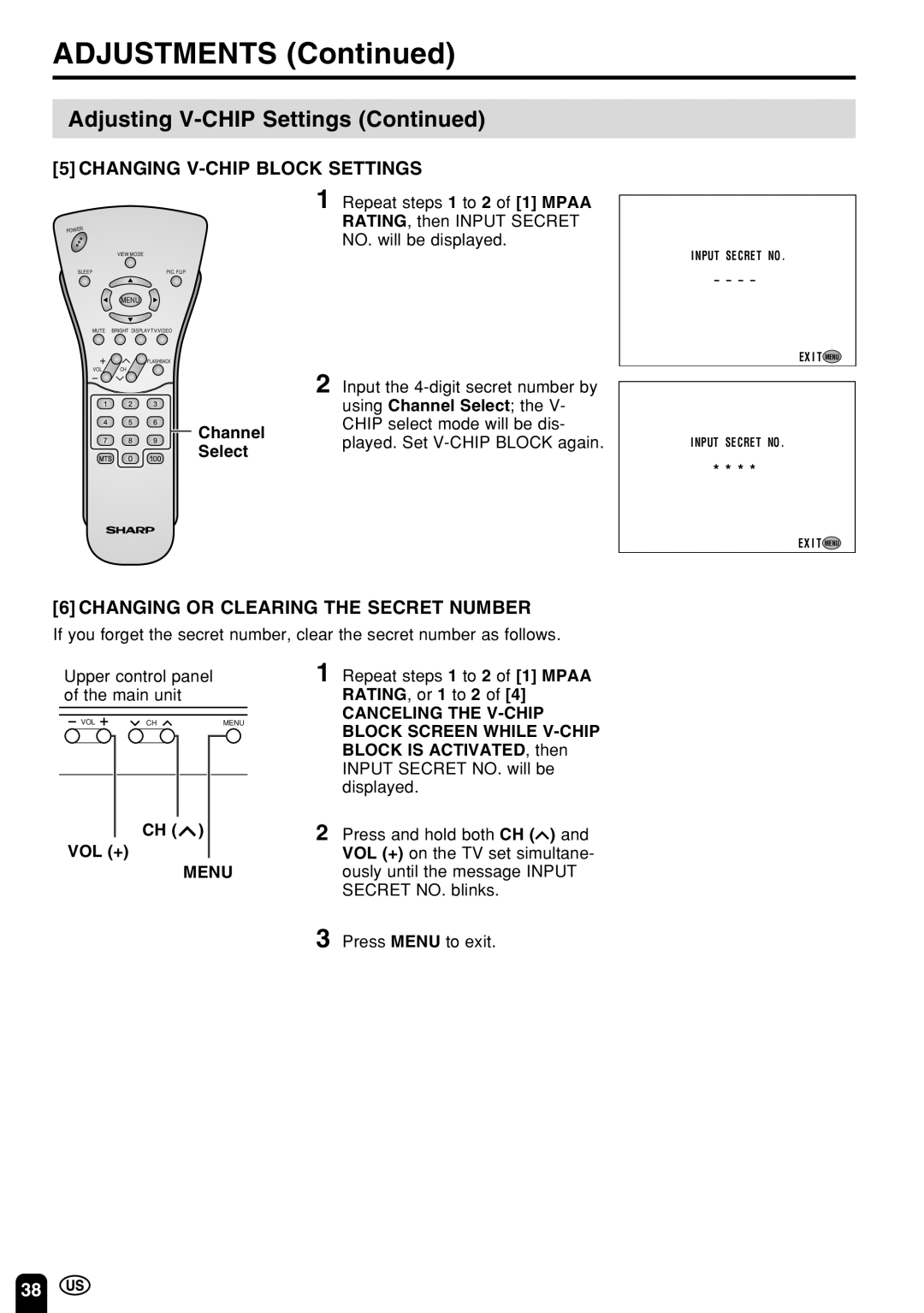 Sharp LC 22SV2U operation manual Changing V-CHIP Block Settings, Changing or Clearing the Secret Number 