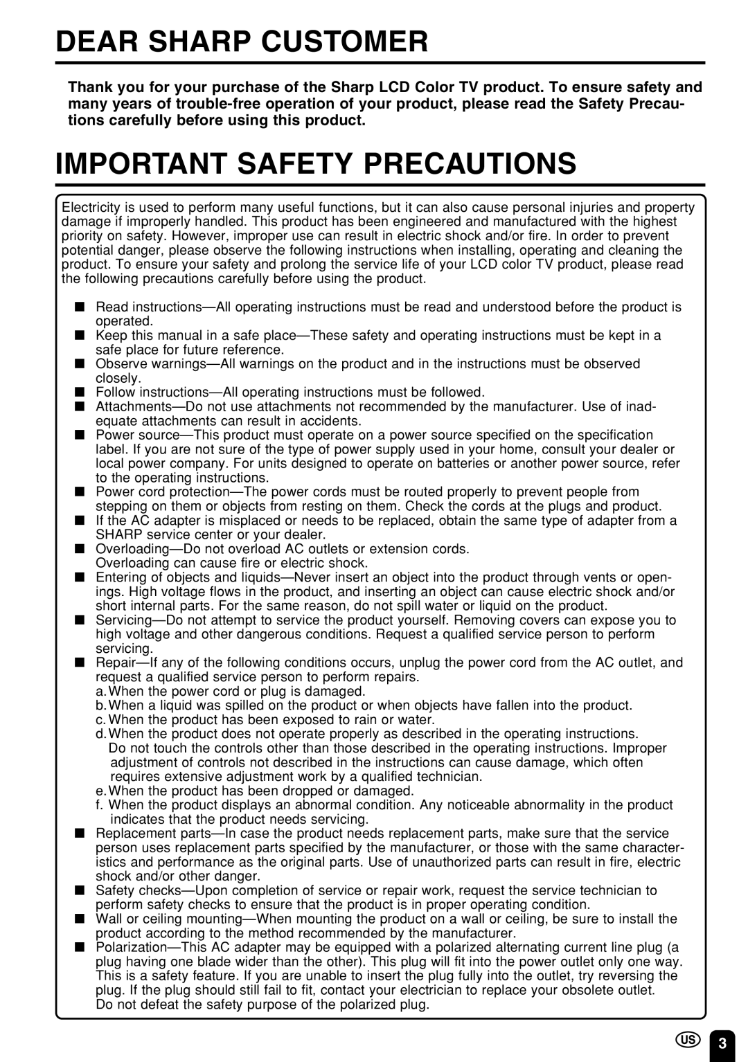 Sharp LC 22SV2U operation manual Dear Sharp Customer 