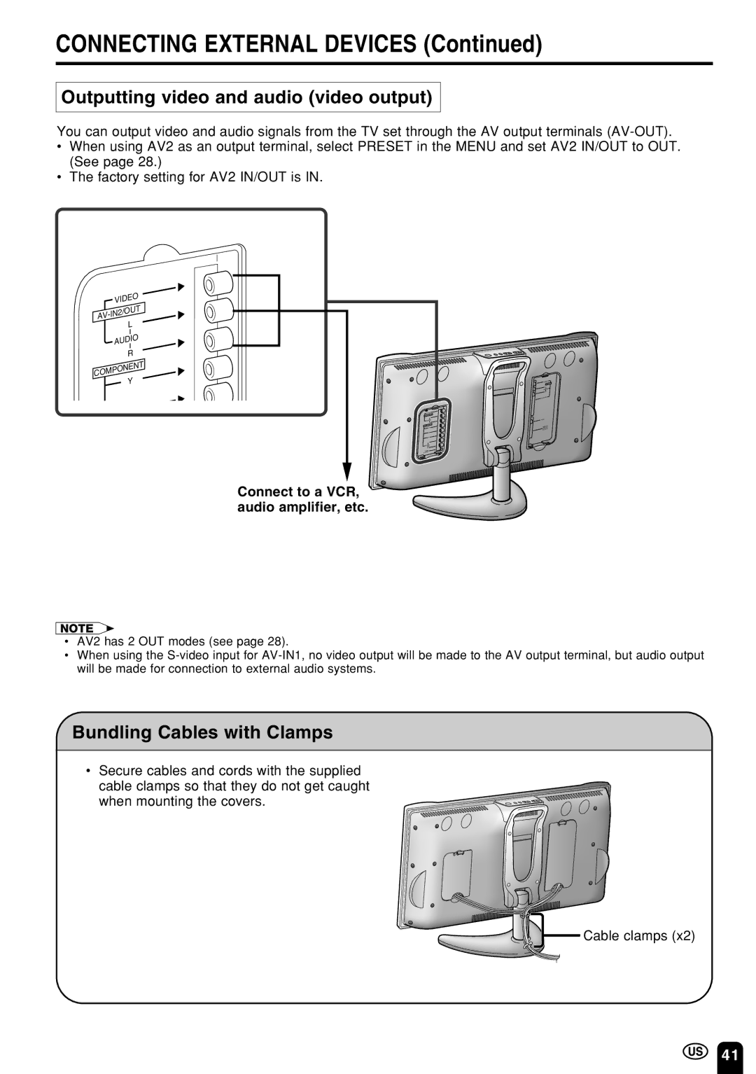 Sharp LC 22SV2U operation manual Outputting video and audio video output, Bundling Cables with Clamps 