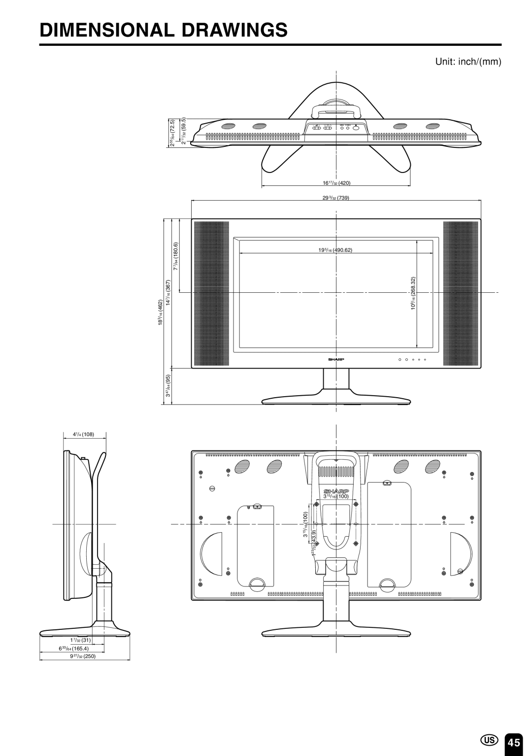 Sharp LC 22SV2U operation manual Dimensional Drawings, Unit inch/mm 