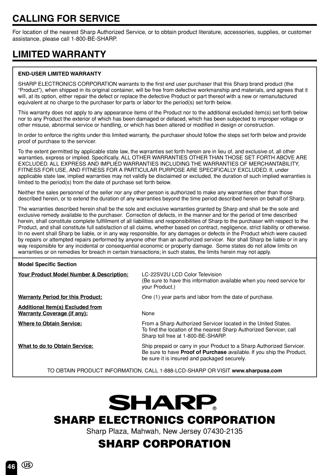 Sharp LC 22SV2U operation manual Sharp Electronics Corporation 