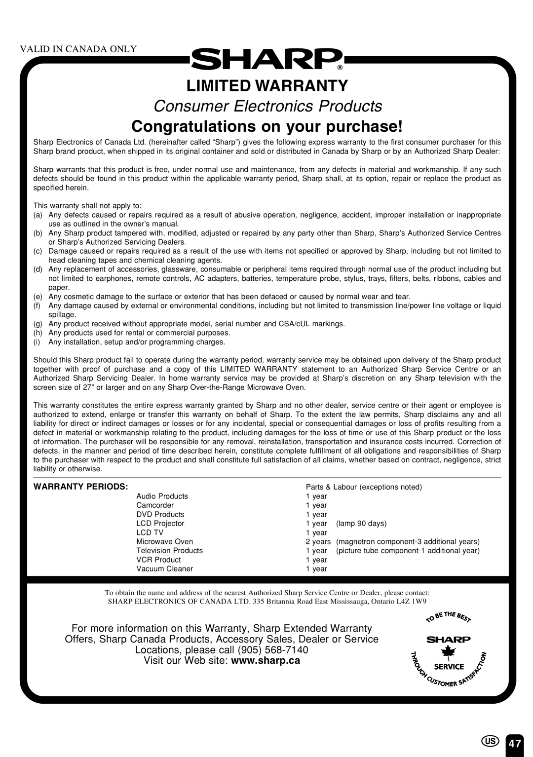 Sharp LC 22SV2U operation manual Limited Warranty 