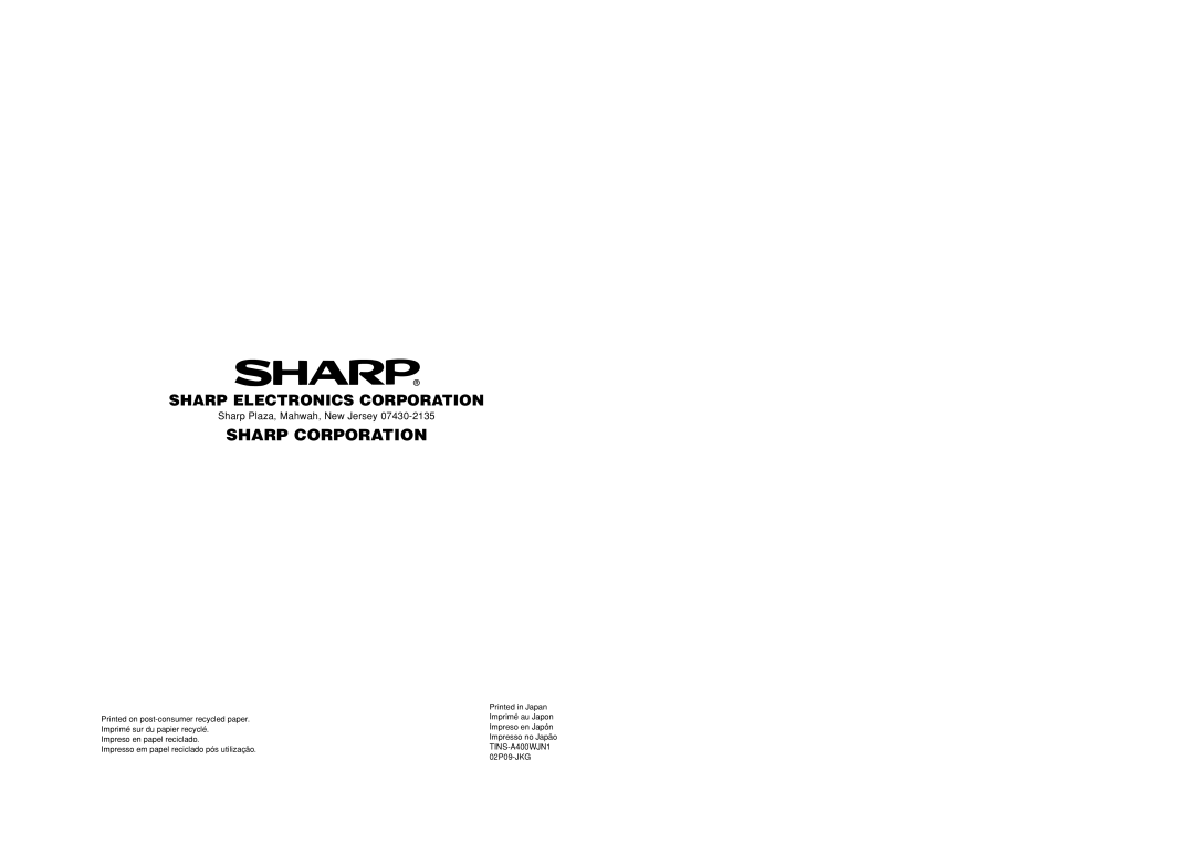 Sharp LC 22SV2U operation manual Sharp Electronics Corporation 