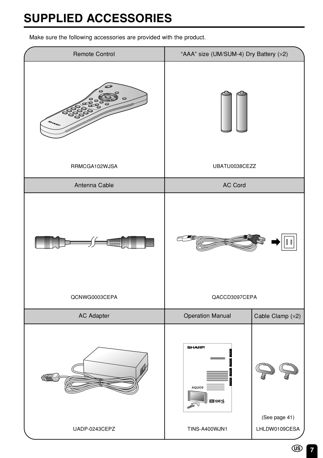 Sharp LC 22SV2U operation manual Supplied Accessories, Antenna Cable AC Cord, AC Adapter Cable Clamp ⋅2 