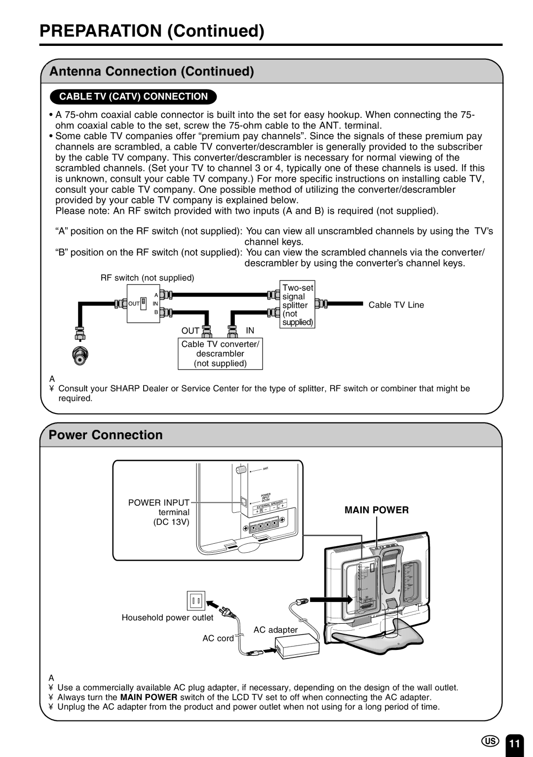 Sharp LC-22SV6U operation manual Power Connection, Main Power 