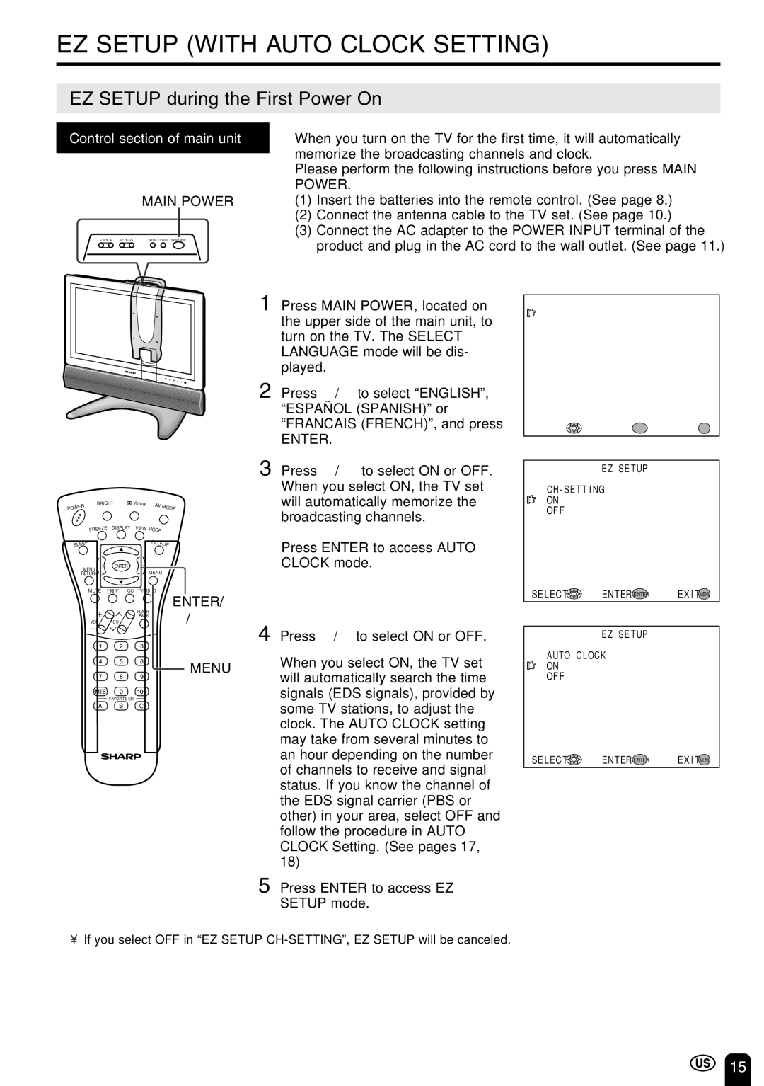 Sharp LC-22SV6U operation manual EZ Setup with Auto Clock Setting, EZ Setup during the First Power On, Enter, Menu 