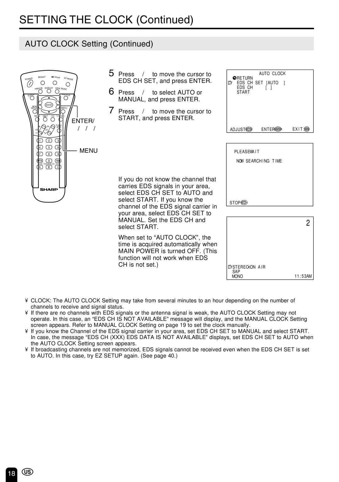 Sharp LC-22SV6U operation manual Setting the Clock 