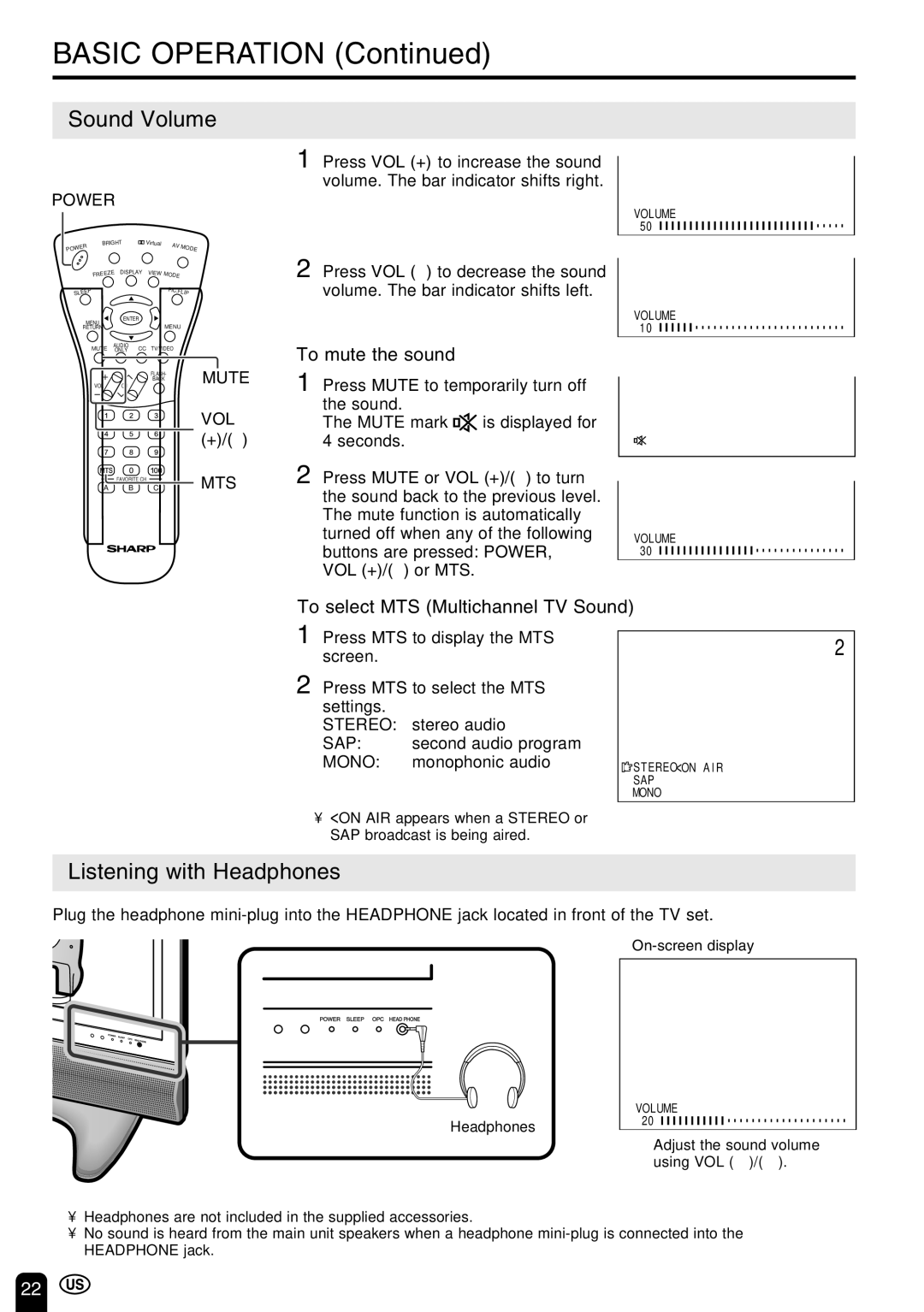 Sharp LC-22SV6U Sound Volume, Listening with Headphones, To mute the sound, To select MTS Multichannel TV Sound 