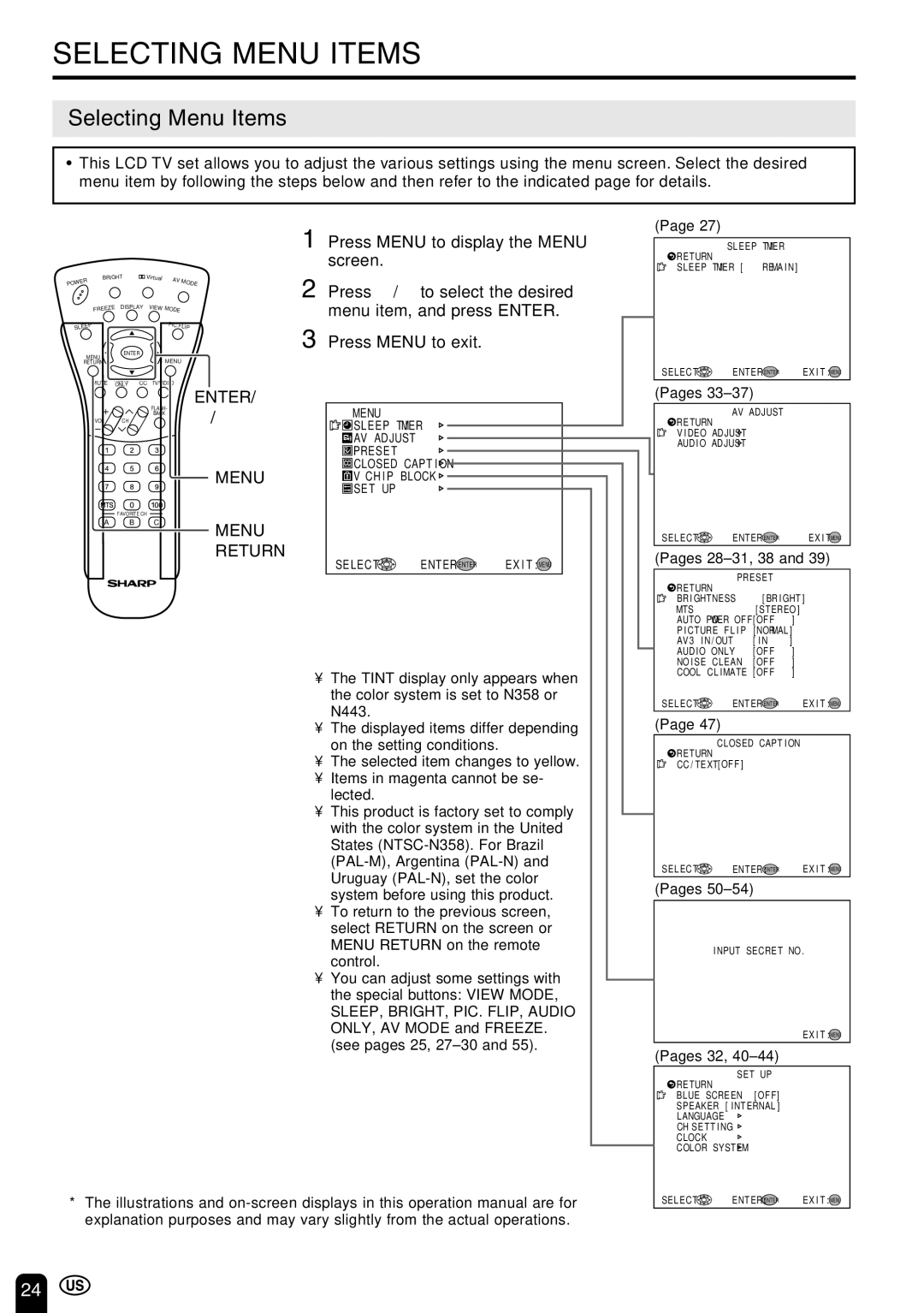 Sharp LC-22SV6U operation manual Selecting Menu Items, Enter Menu Menu Return 