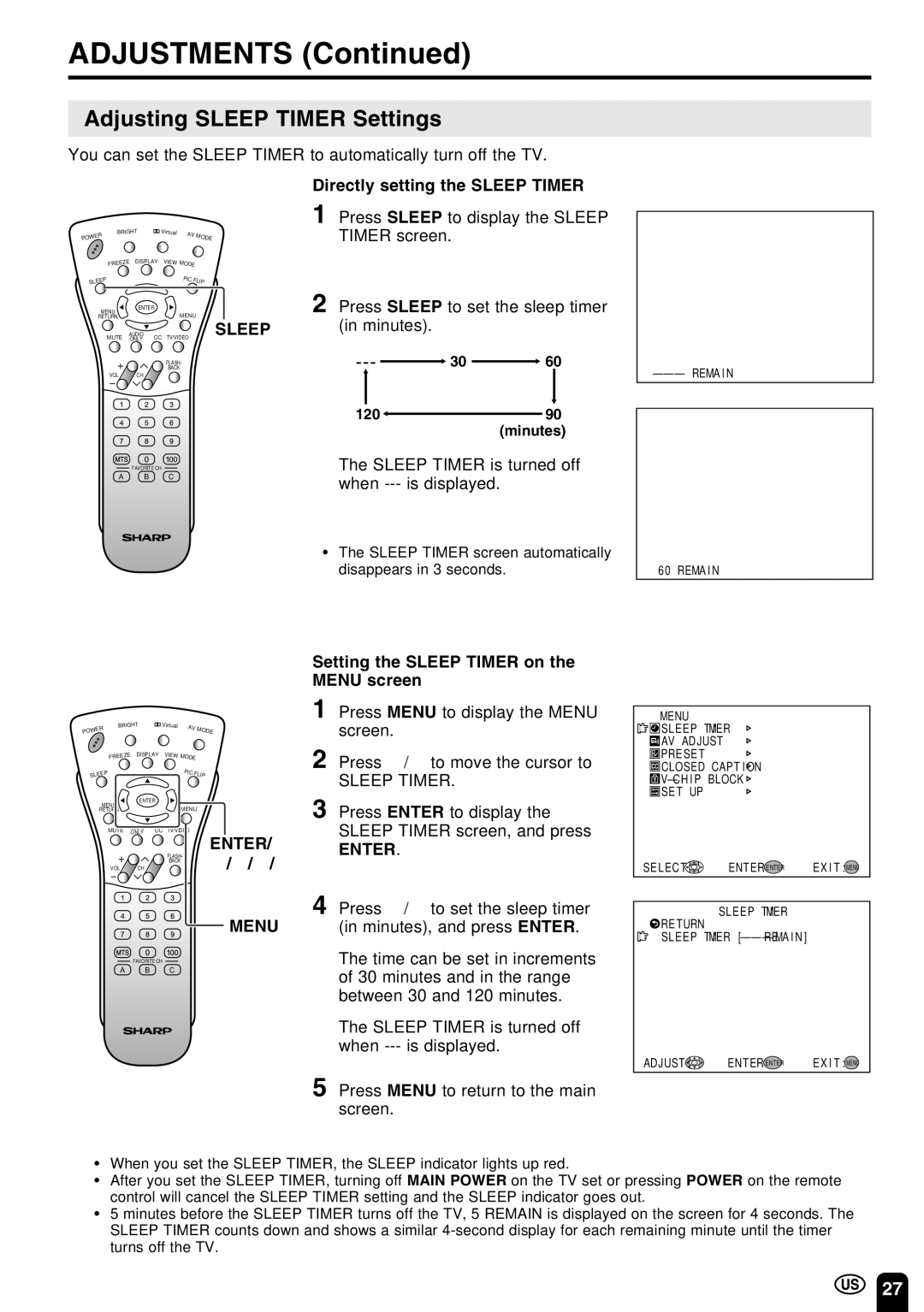 Sharp LC-22SV6U operation manual Adjusting Sleep Timer Settings, Directly setting the Sleep Timer 