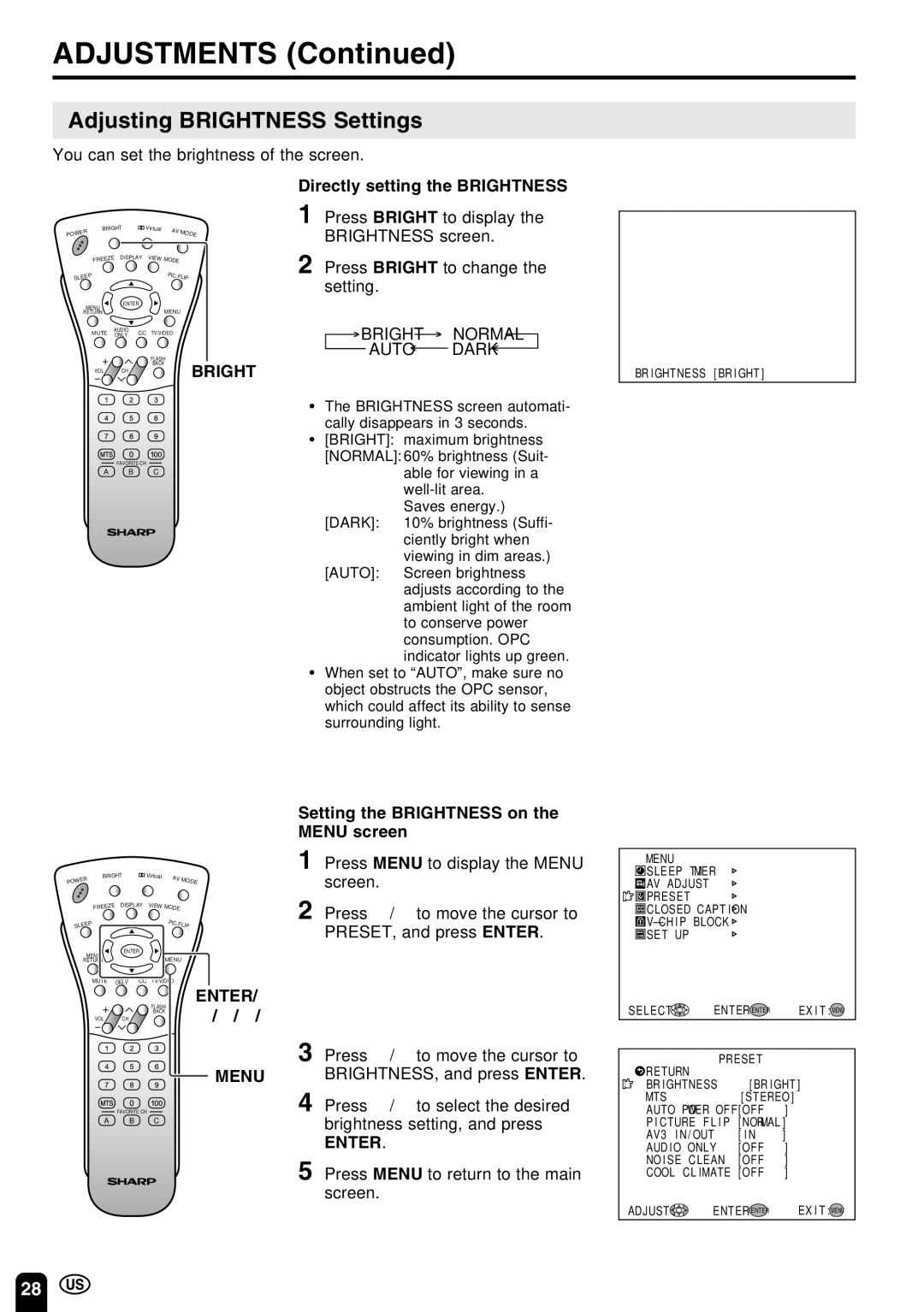 Sharp LC-22SV6U operation manual Adjusting Brightness Settings, Directly setting the Brightness, Bright Normal Auto Dark 