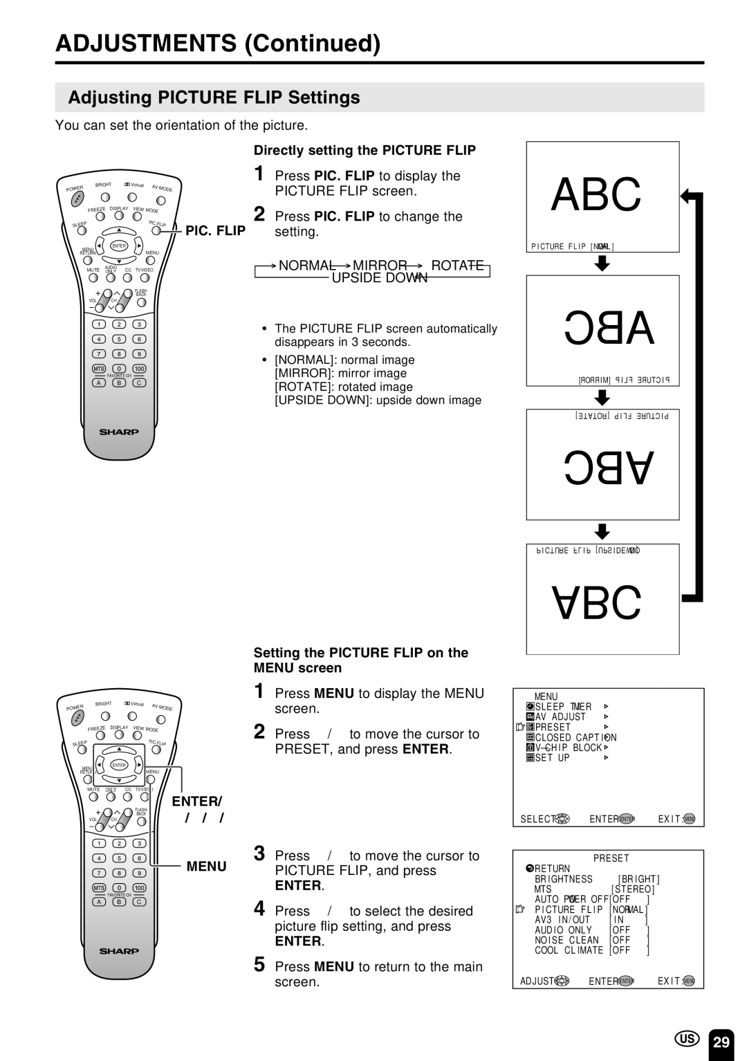 Sharp LC-22SV6U operation manual Adjusting Picture Flip Settings, Directly setting the Picture Flip, PIC. Flip 