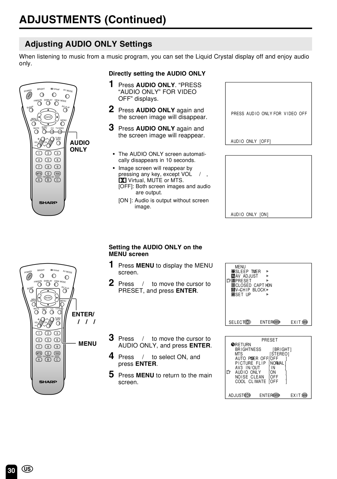 Sharp LC-22SV6U operation manual Adjusting Audio only Settings, Only, Directly setting the Audio only 