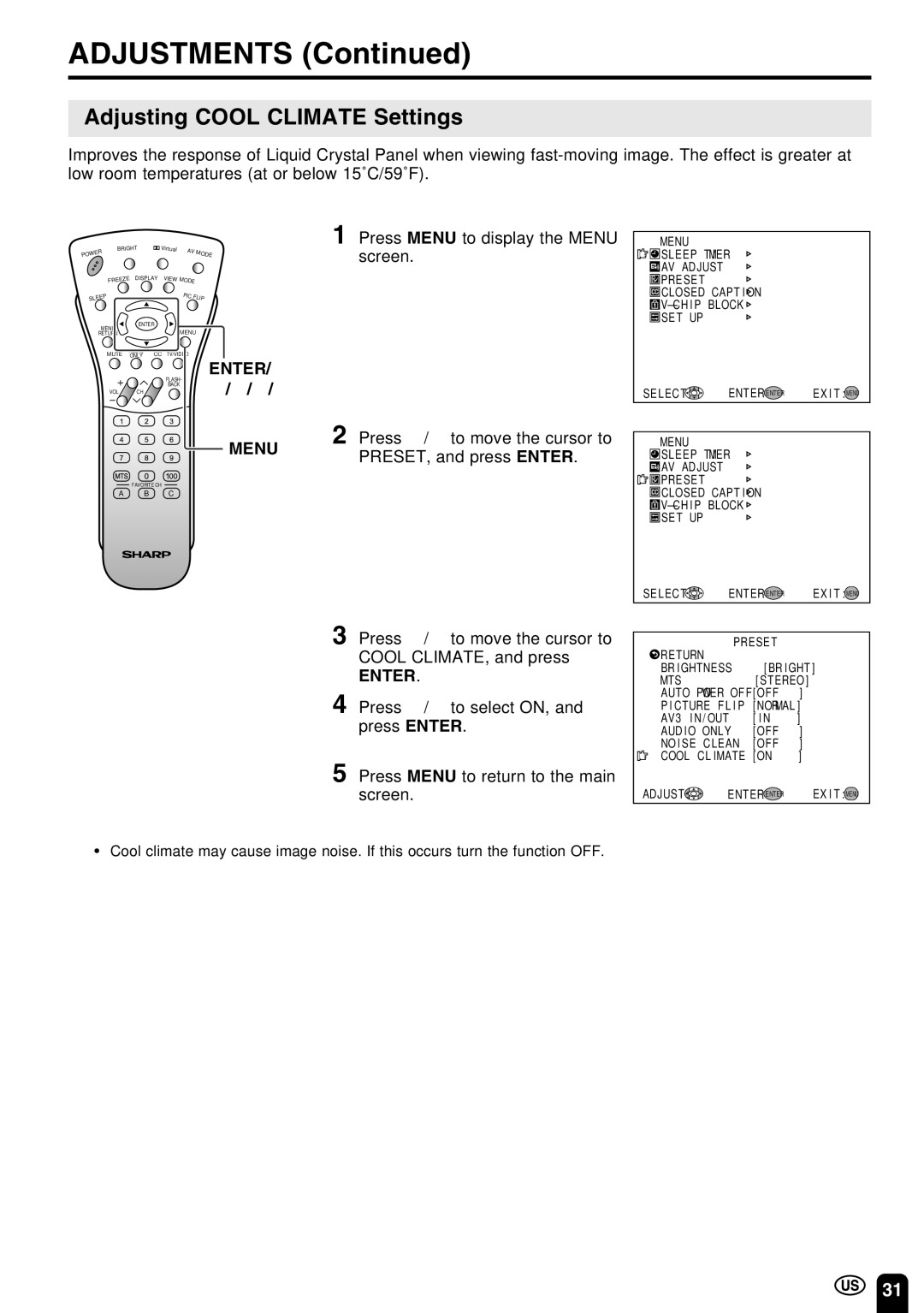 Sharp LC-22SV6U operation manual Adjusting Cool Climate Settings, Press a/bto move the cursor to Cool CLIMATE, and press 