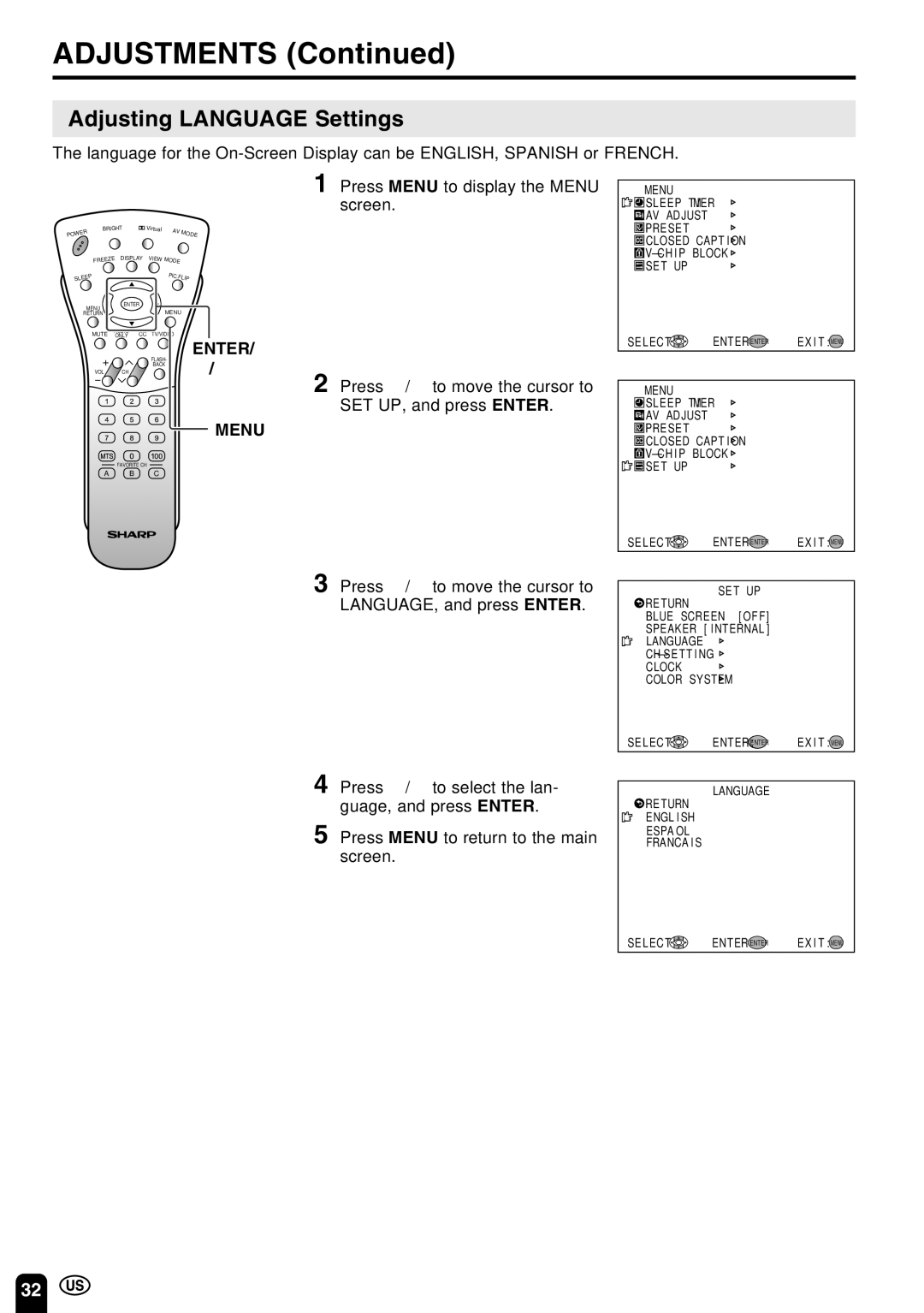 Sharp LC-22SV6U operation manual Adjusting Language Settings, Press a/bto move the cursor to, SET UP, and press Enter 