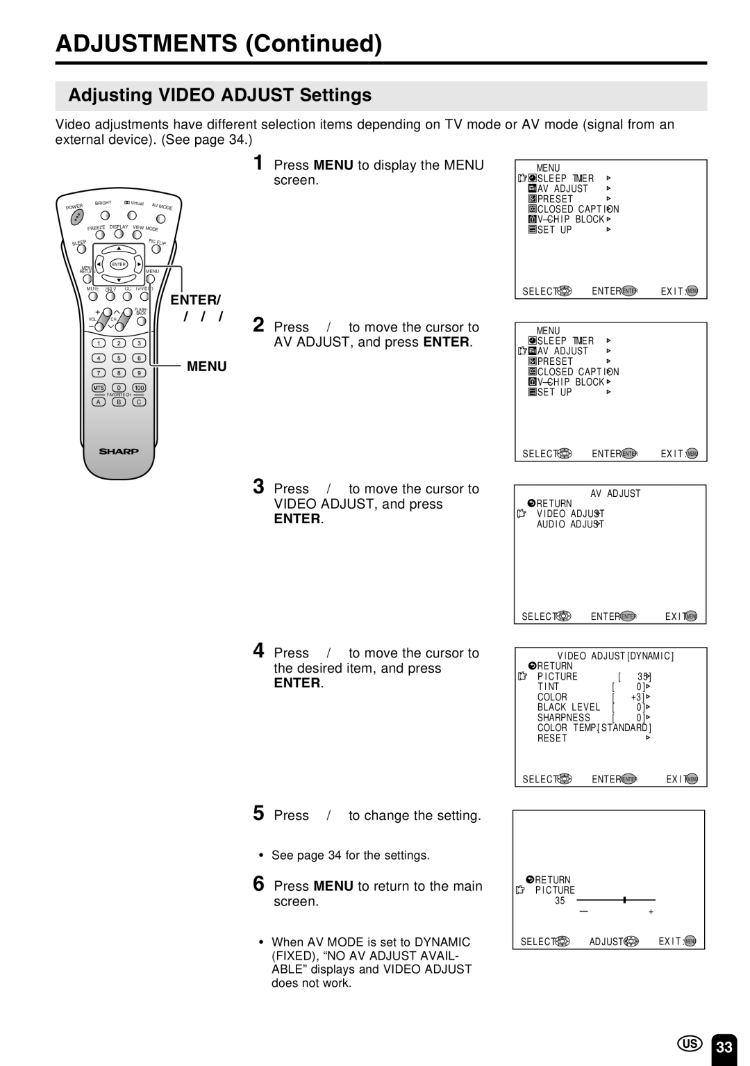 Sharp LC-22SV6U Adjusting Video Adjust Settings, Press a/bto move the cursor to the desired item, and press 