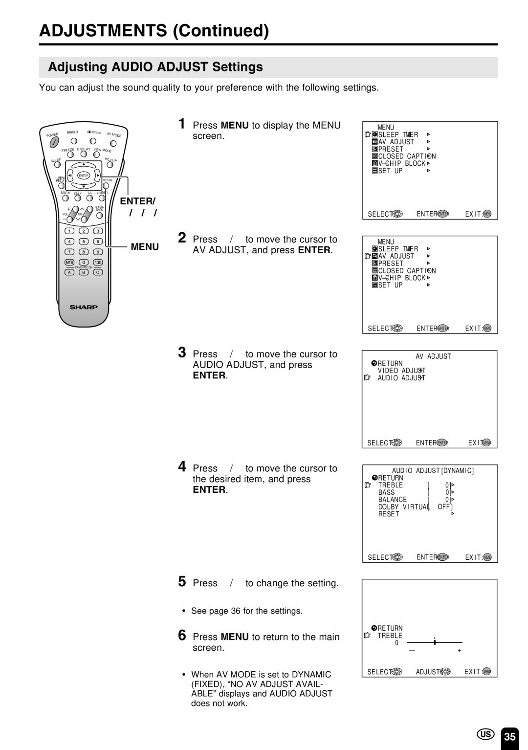 Sharp LC-22SV6U operation manual Adjusting Audio Adjust Settings, ENTER/ a/b/c/d, Press a/ bto move the cursor to 