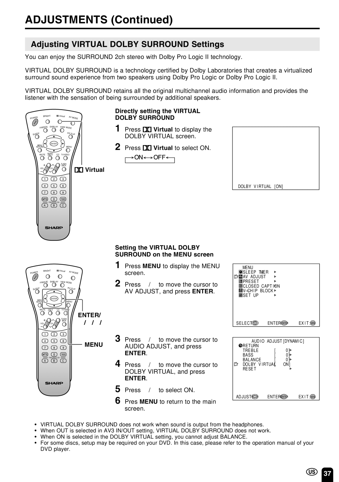 Sharp LC-22SV6U operation manual Adjusting Virtual Dolby Surround Settings, Directly setting the Virtual Dolby Surround 