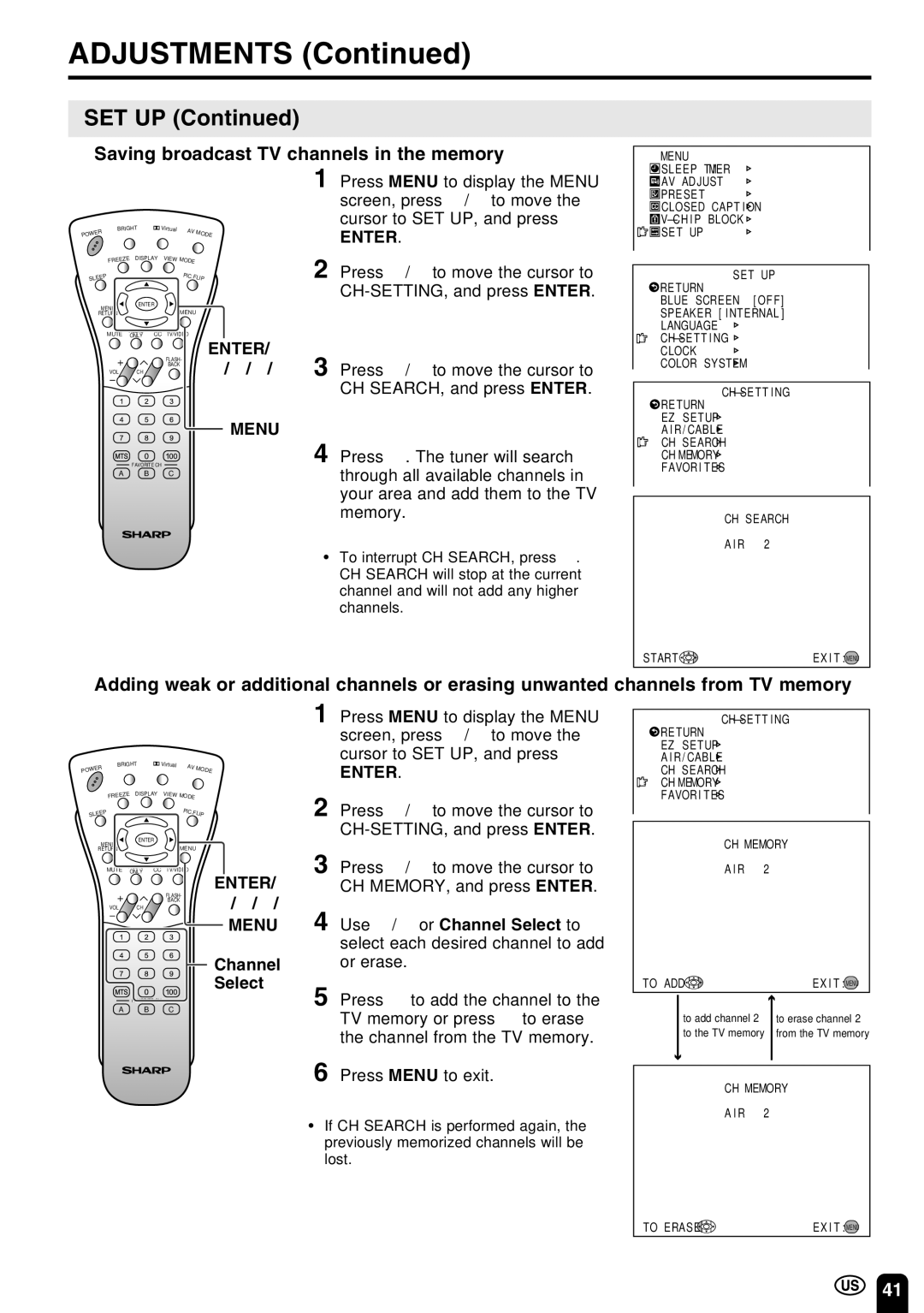 Sharp LC-22SV6U operation manual Set Up, Saving broadcast TV channels in the memory 