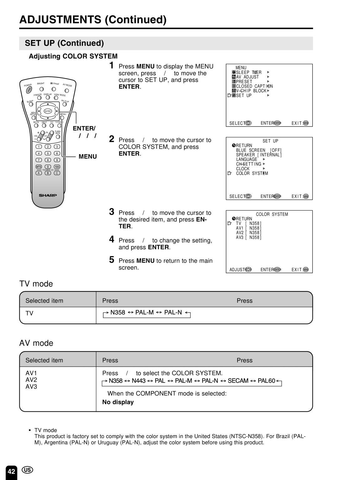 Sharp LC-22SV6U operation manual Adjusting Color System, Menu Enter, AV1, AV2 AV3, No display 