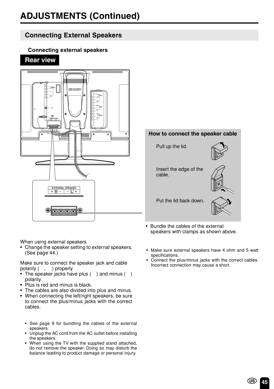 Sharp LC-22SV6U Connecting External Speakers, Connecting external speakers, How to connect the speaker cable 