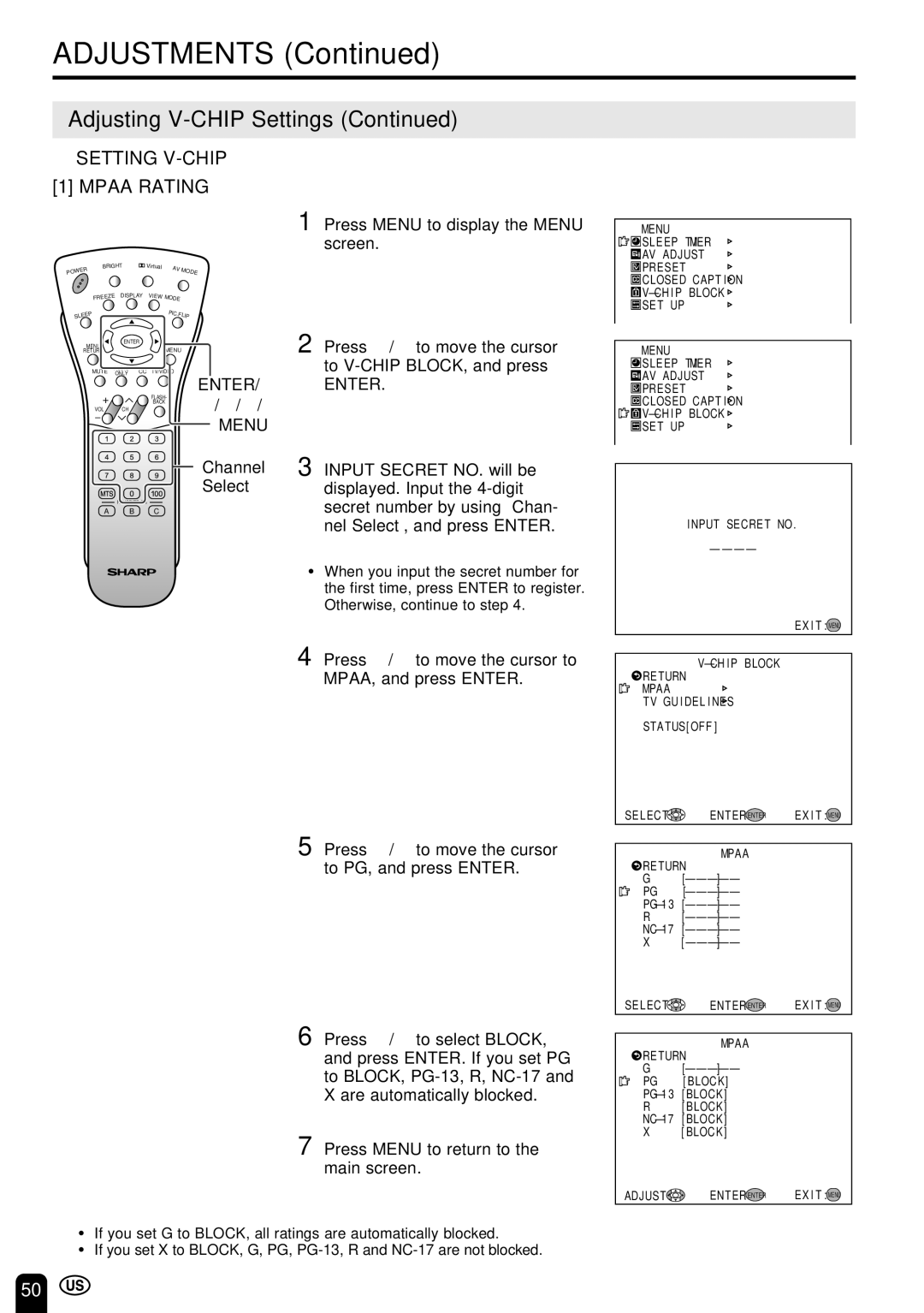 Sharp LC-22SV6U operation manual Setting V-CHIP Mpaa Rating, Enter 