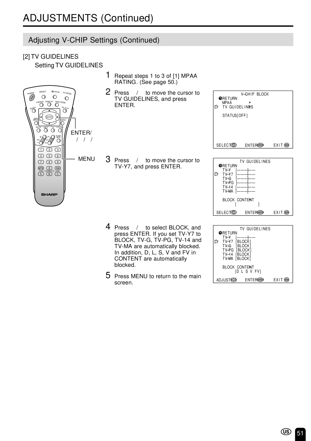 Sharp LC-22SV6U Setting TV Guidelines, Repeat steps 1 to 3 of 1 Mpaa, RATING. See, TV GUIDELINES, and press 