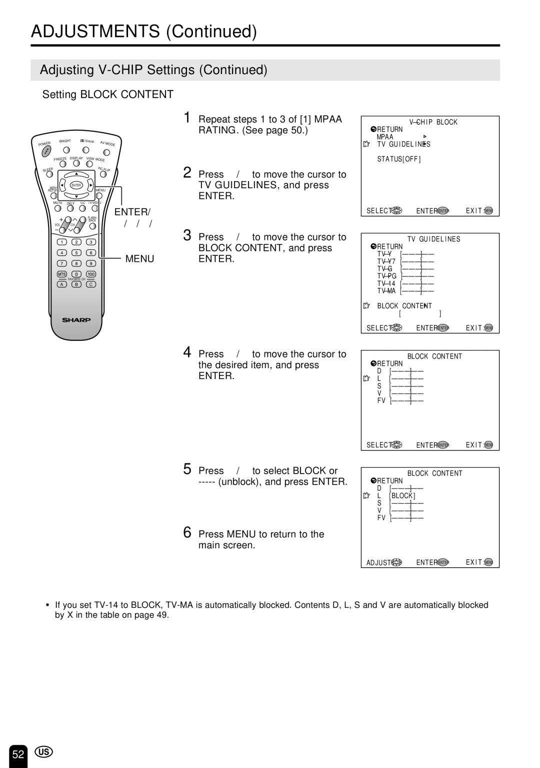 Sharp LC-22SV6U operation manual Setting Block Content, Repeat steps 1 to 3 of 1 Mpaa RATING. See 