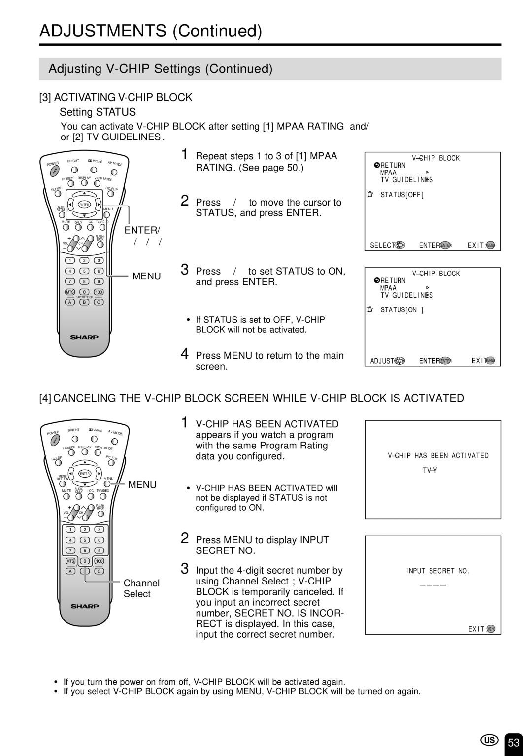 Sharp LC-22SV6U operation manual Activating V-CHIP Block, Setting Status 