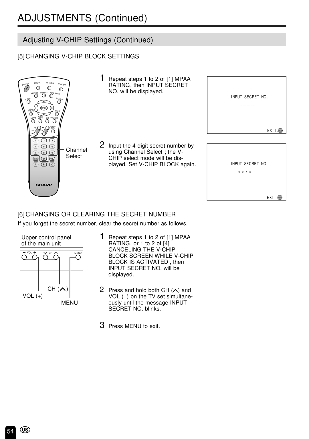 Sharp LC-22SV6U operation manual Changing V-CHIP Block Settings, Changing or Clearing the Secret Number, Vol + 