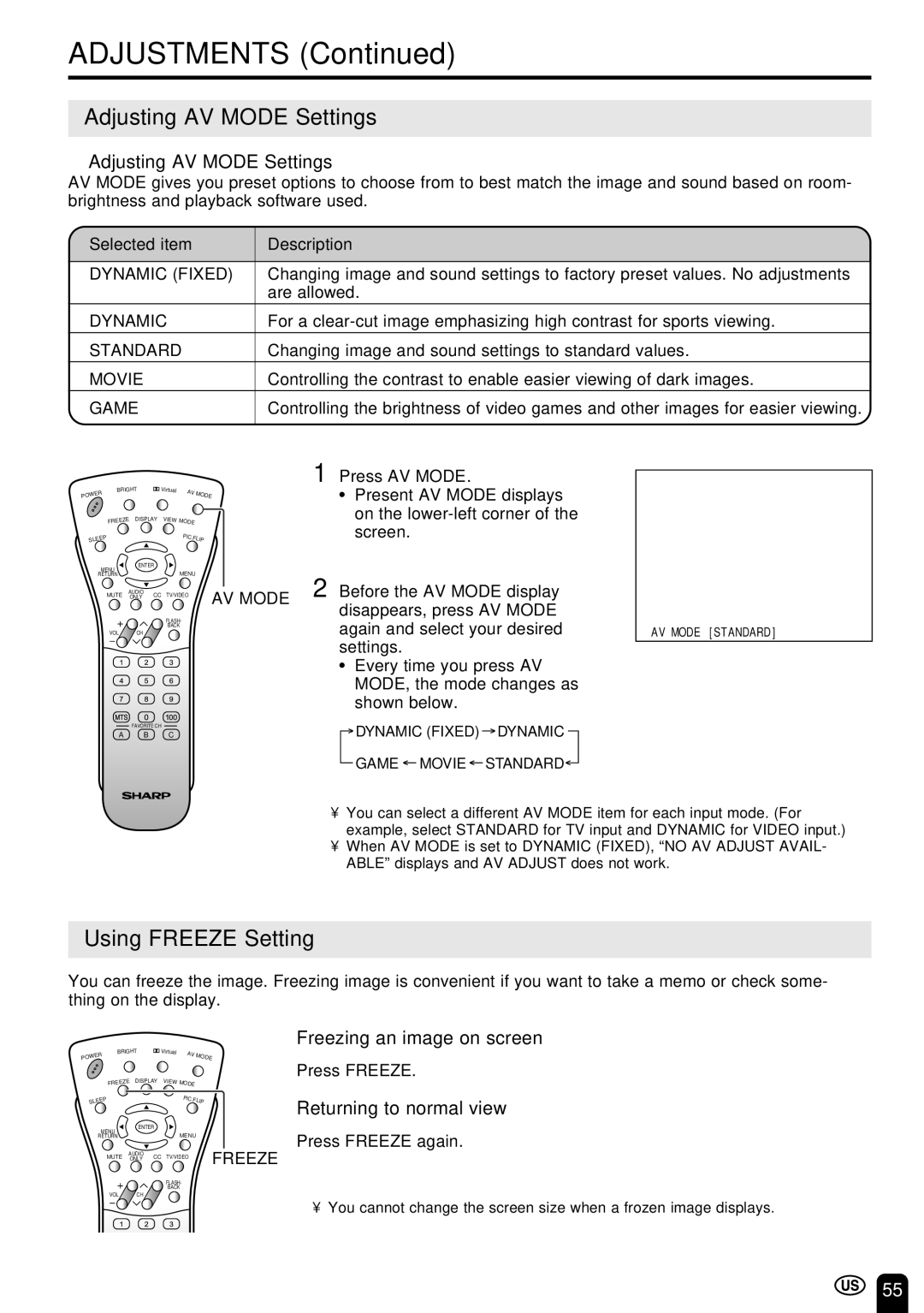 Sharp LC-22SV6U Adjusting AV Mode Settings, Using Freeze Setting, Freezing an image on screen, Returning to normal view 