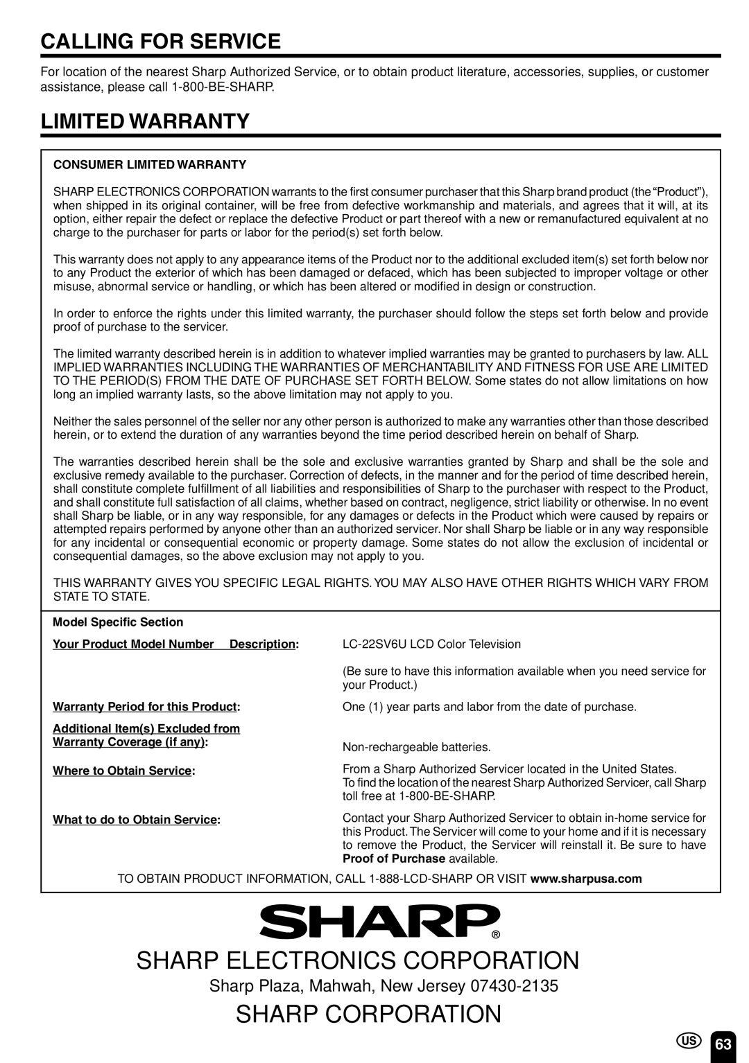 Sharp LC-22SV6U operation manual Sharp Electronics Corporation, Sharp Corporation 