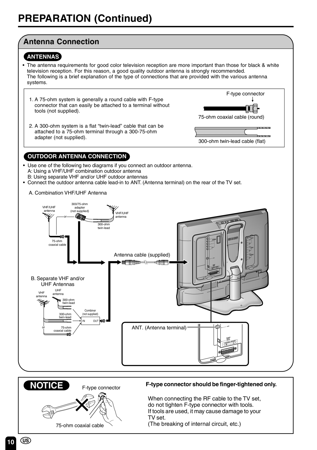Sharp LC-22SV6U operation manual PREPARATION Continued, Antennas, Outdoor Antenna Connection 