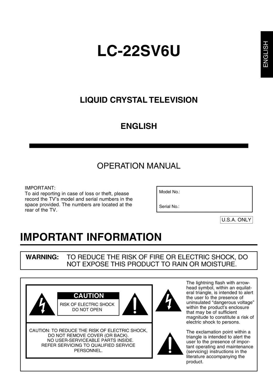 Sharp LC-22SV6U operation manual Important Information, Liquid Crystal Television English, Operation Manual 