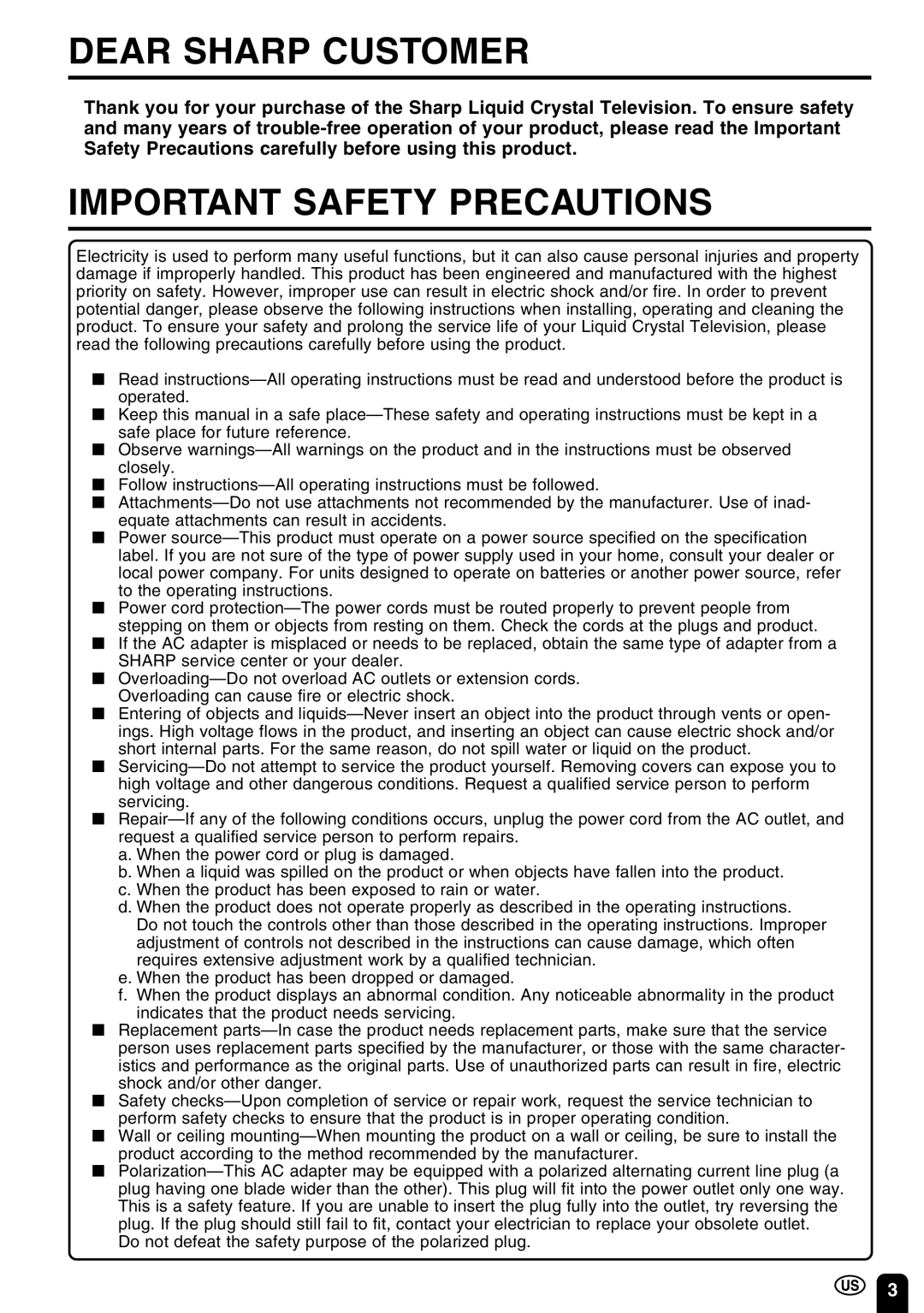 Sharp LC-22SV6U operation manual Dear Sharp Customer, Important Safety Precautions 