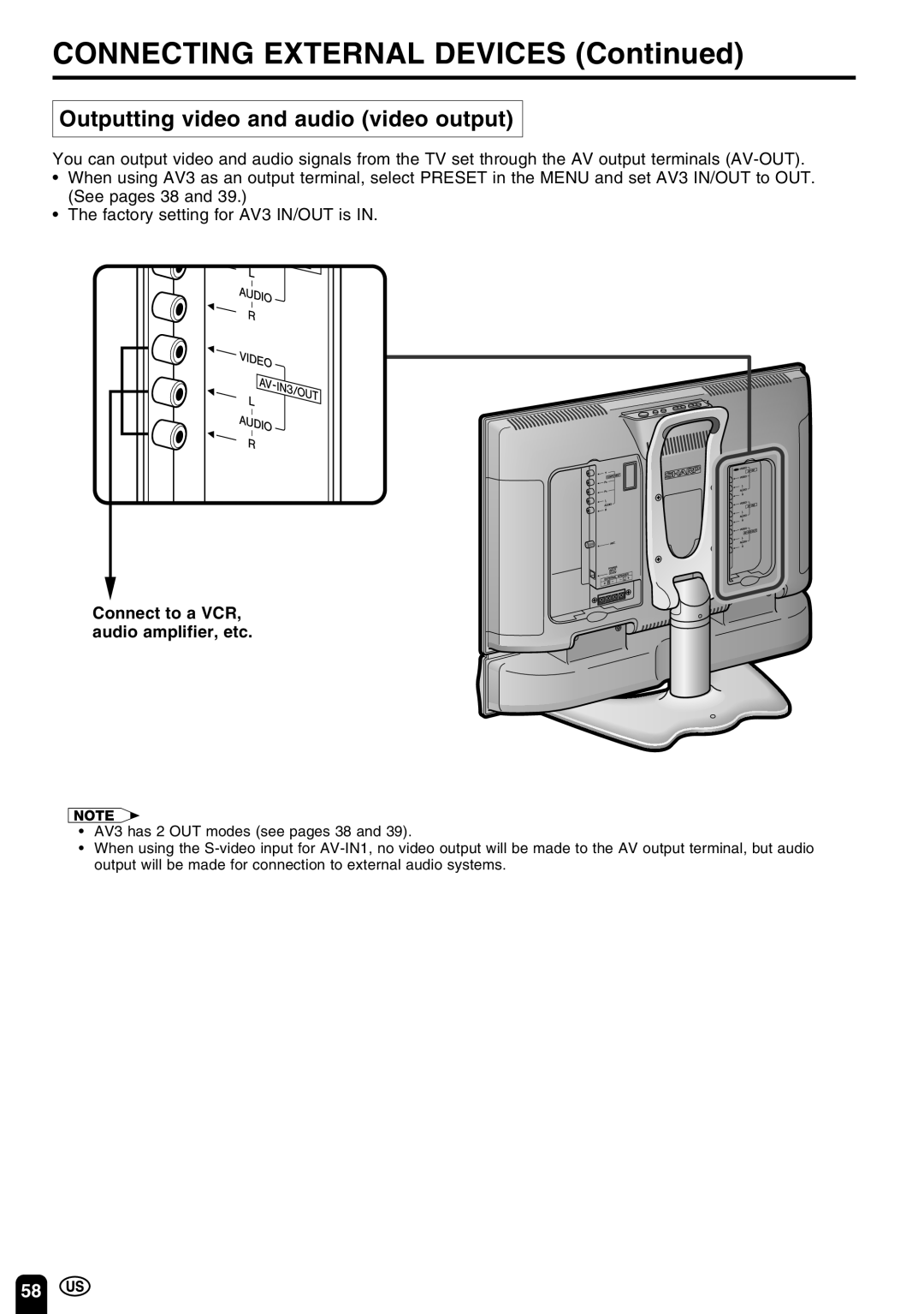 Sharp LC-22SV6U operation manual Outputting video and audio video output, CONNECTING EXTERNAL DEVICES Continued 
