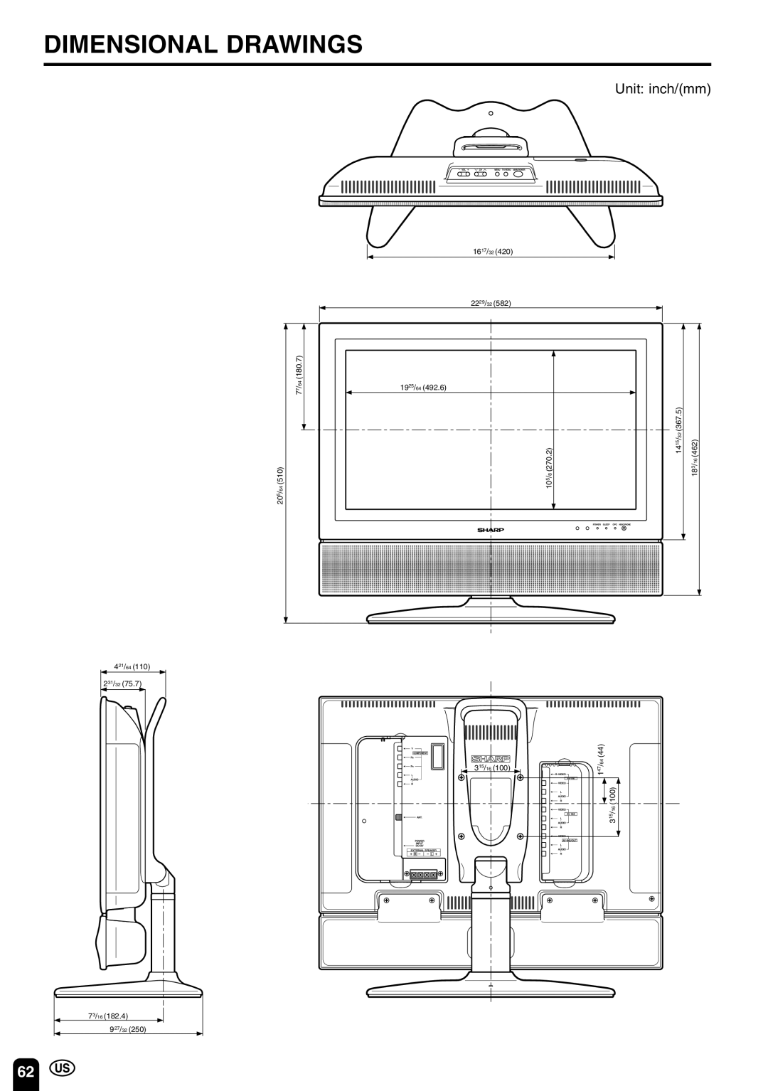 Sharp LC-22SV6U operation manual Dimensional Drawings, Unit inch/mm 