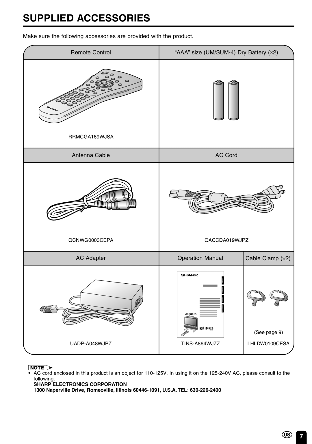 Sharp LC-22SV6U Supplied Accessories, Make sure the following accessories are provided with the product, Antenna Cable 