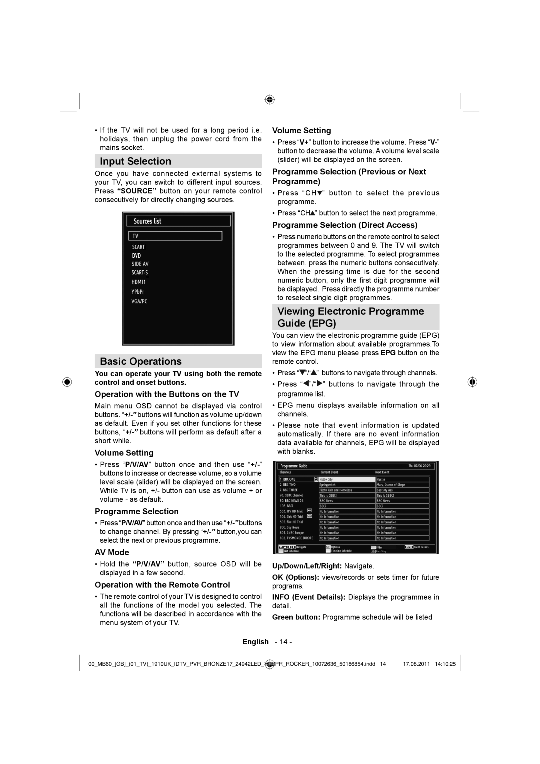 Sharp LC-24DV510K operation manual Input Selection, Basic Operations, Viewing Electronic Programme Guide EPG 