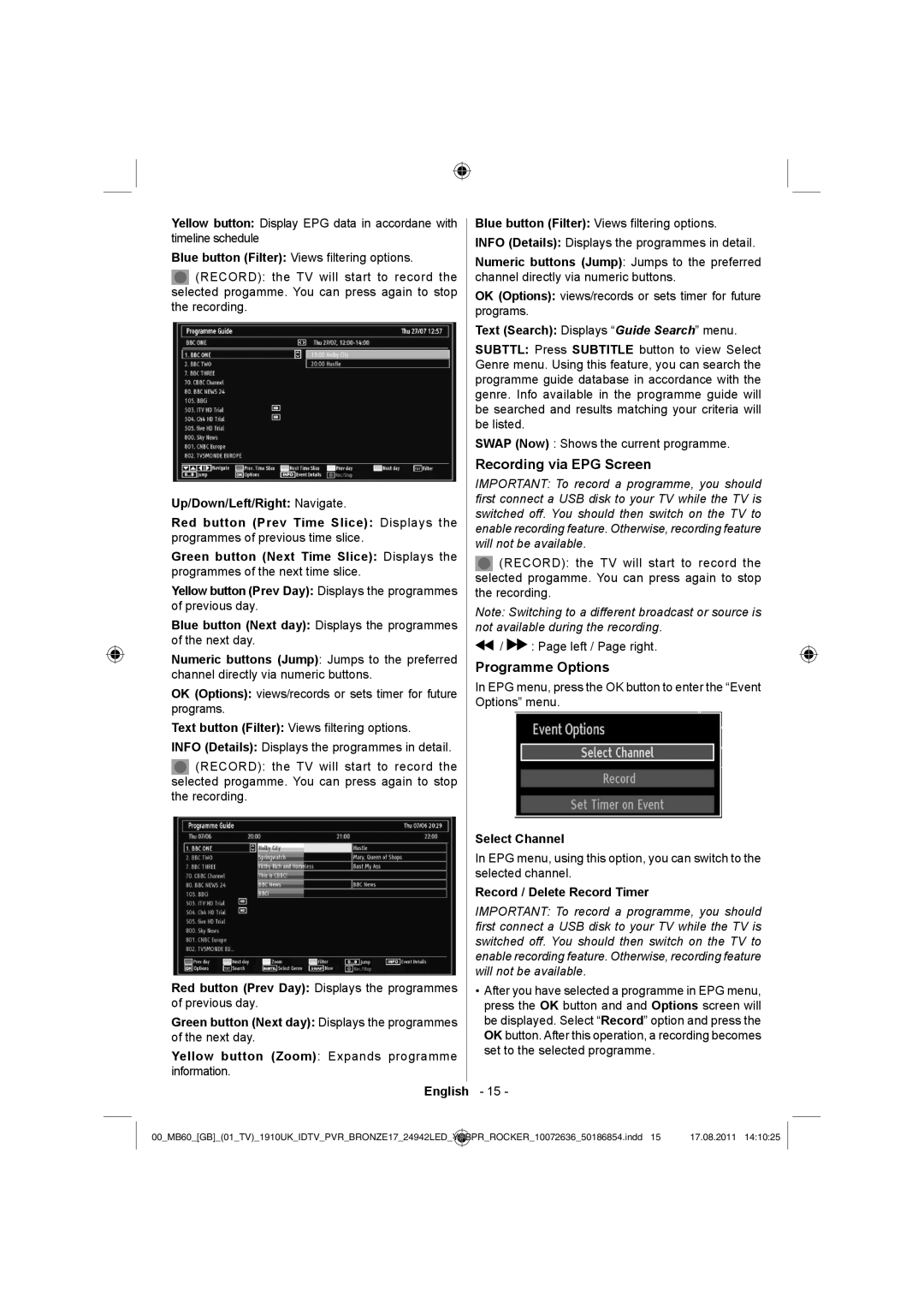 Sharp LC-24DV510K Recording via EPG Screen, Programme Options, Select Channel, Record / Delete Record Timer 