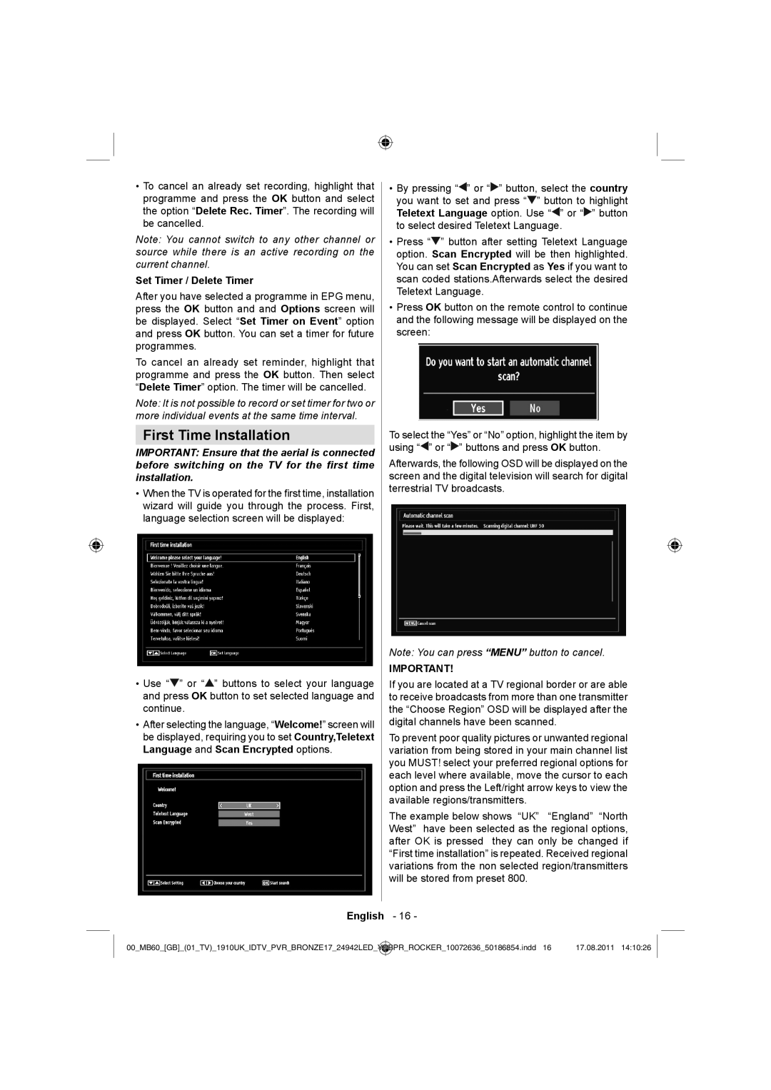 Sharp LC-24DV510K operation manual First Time Installation, Set Timer / Delete Timer 