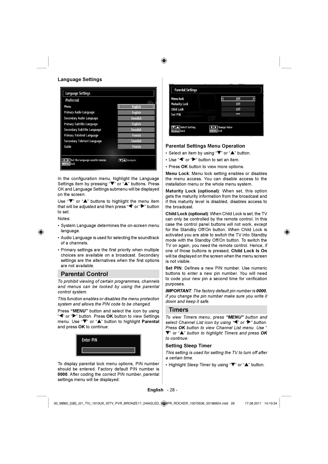 Sharp LC-24DV510K Parental Control, Timers, Language Settings, Parental Settings Menu Operation, Setting Sleep Timer 